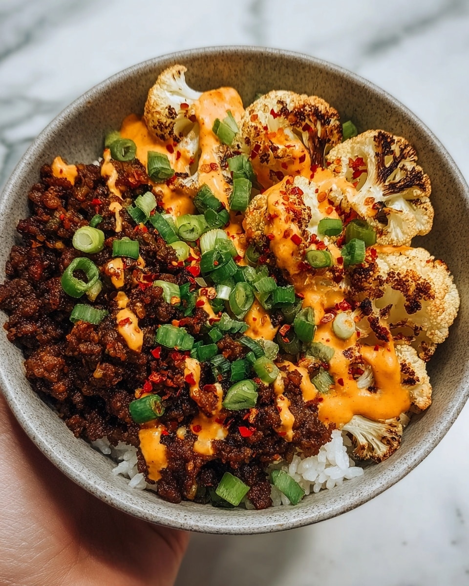 A white bowl filled with a base layer of white rice, topped with two main sections: one side has dark brown, crumbly cooked meat sprinkled with chopped green onions, while the other side has roasted cauliflower florets with a slightly charred texture. Both sections are drizzled with a bright orange sauce and sprinkled with small bits of red chili flakes. The bowl is held by a woman's hand, and the background is a white marbled texture. photo taken with an iphone --ar 4:5 --v 7