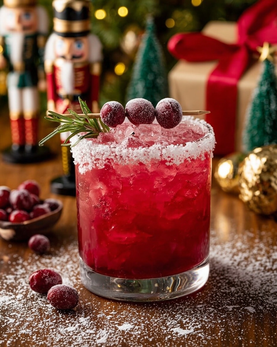 A clear glass filled with bright red crushed ice and liquid, topped with three frosted cranberries on a small wooden skewer and a sprig of green rosemary, sits at the center of the image. The rim of the glass is coated with a layer of white sugar crystals. The glass is placed on a wooden surface dusted heavily with white powder, scattering three loose cranberries nearby. In the background, there are festive decorations including two nutcracker figures, small green Christmas tree, golden jingle bells, and a wrapped gift box with a red ribbon. photo taken with an iphone --ar 4:5 --v 7