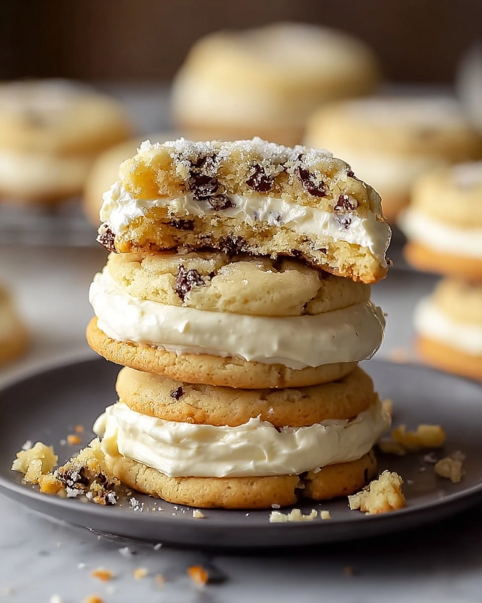 A stack of three soft, light golden cookies with small dark chocolate bits visible, arranged one on top of another on a dark plate. The bottom and middle layers are cookies with thick, creamy white frosting sandwiched between them, showing some smooth texture. The top cookie is broken in half, revealing a crumbly, moist interior with more creamy white frosting melting slightly over the edges. Small cookie crumbs are scattered on the plate around the stack, and blurred cookies can be seen in the background on a white marbled surface. photo taken with an iphone --ar 4:5 --v 7