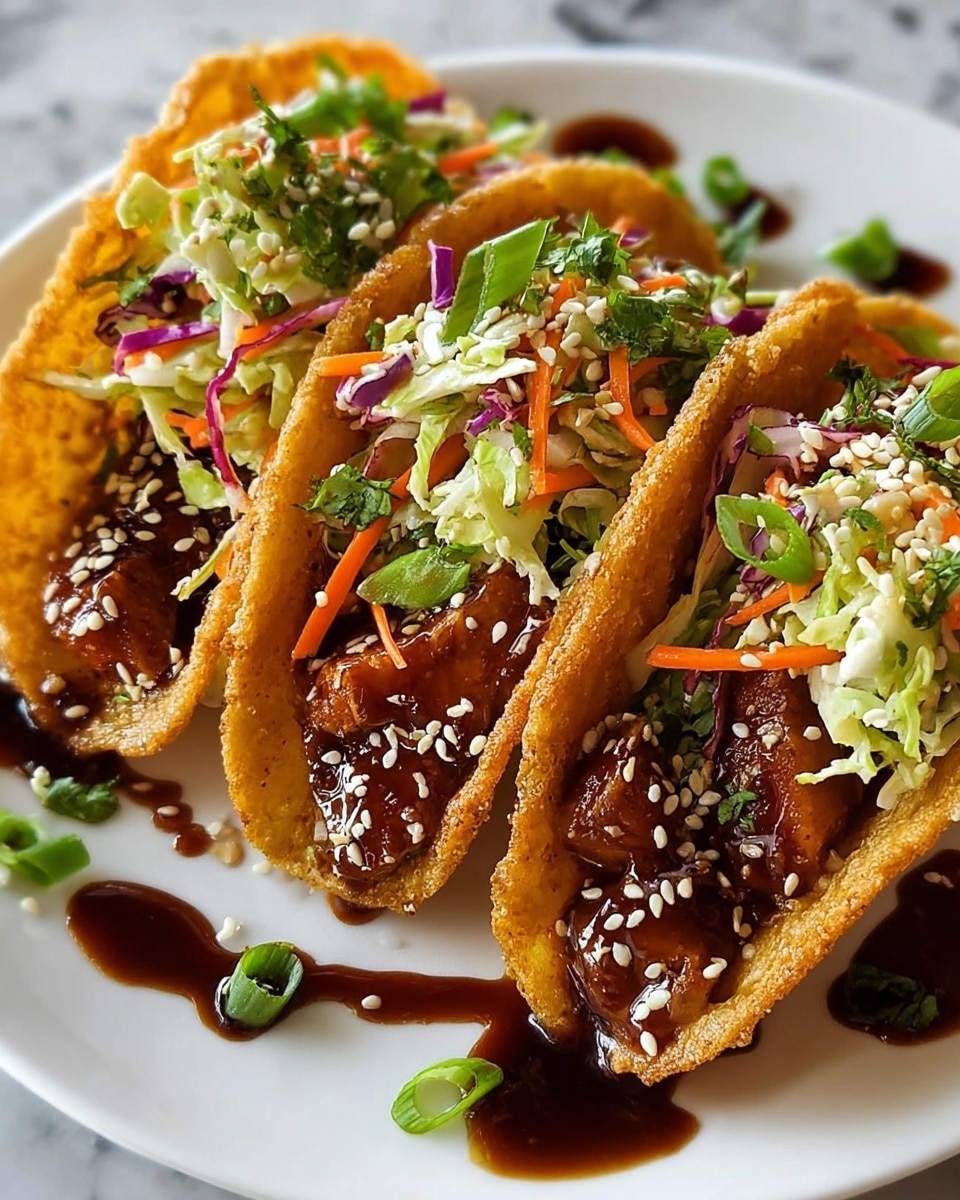 The dish shows four golden-brown fried wontons folded into taco shapes arranged in a row on a white plate. Each wonton shell is filled with shredded green and purple cabbage mixed with finely chopped green onions and cilantro. A glossy dark red sauce is drizzled generously over the top and around the base of the wontons. White sesame seeds are sprinkled all over, adding texture and contrast against the vibrant green and rich red hues. The plate sits on a white marbled texture surface. Photo taken with an iphone --ar 4:5 --v 7