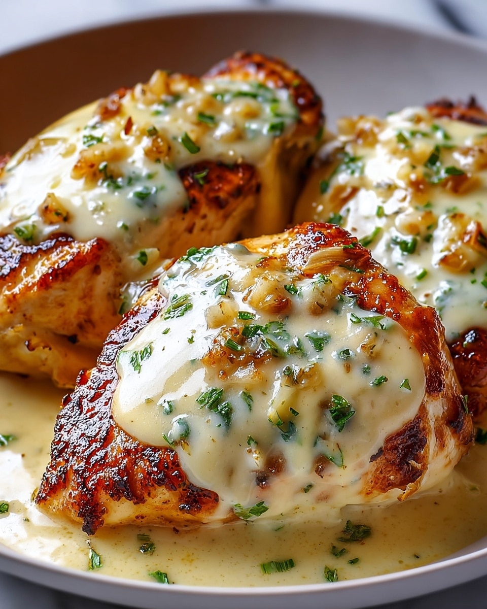 The image shows three pieces of golden-brown chicken breasts, each topped with a thick layer of creamy white sauce mixed with small bits of browned garlic and finely chopped green herbs scattered on top. The chicken pieces have a crispy, slightly charred texture on the edges and are arranged closely together on a white plate. The background is a white marbled texture, softly blurred to keep focus on the food. photo taken with an iphone --ar 4:5 --v 7