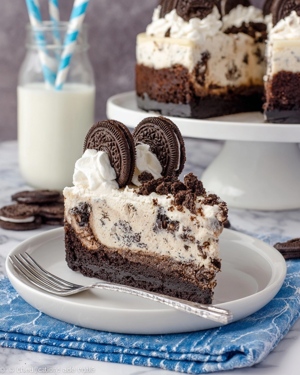 A slice of layered cookies and cream cake sits on a white plate with a vintage silver fork to the left. The bottom layer is a dark chocolate brownie, dense and slightly glossy. Above it is a thick middle layer of light cream mixed with cookie crumbs, creating a marbled gray-and-white texture. The top layer is decorated with white swirls of whipped cream, each topped with a mini whole chocolate cookie. In between the swirls, the surface is covered with crunchy crushed chocolate cookies. The cake is set on a blue cloth on a white marbled surface, with a blurred white cake stand holding the rest of the cake and a glass bottle of milk with two blue-and-white striped straws in the background. photo taken with an iphone --ar 4:5 --v 7