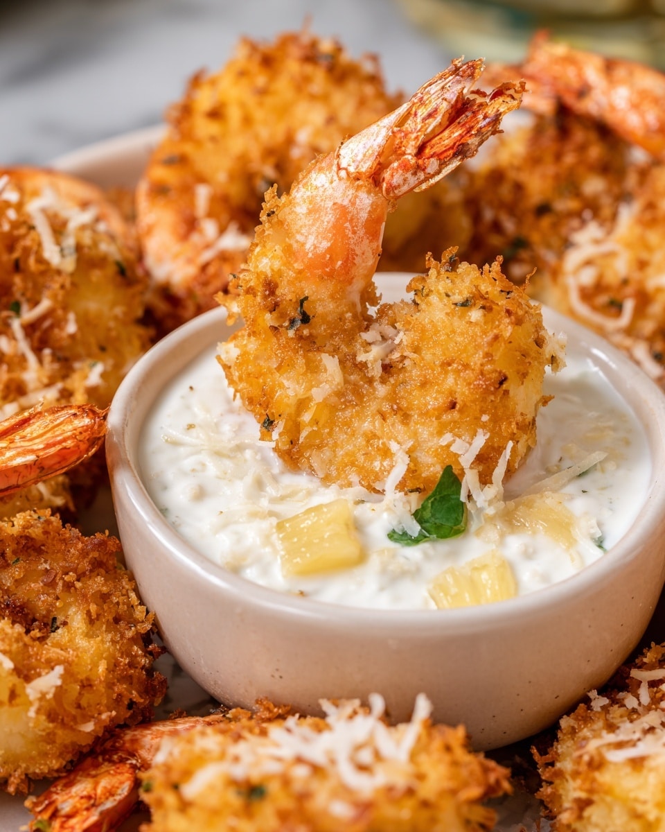 The image shows a close-up of fried shrimp with a golden-brown, crunchy breadcrumb coating arranged around a white bowl filled with a creamy white dipping sauce that has visible small bits of pineapple and shredded coconut on top. One piece of shrimp is dipped halfway into the sauce, showing its curved shape and textured crust with a few green herb leaves. The bowl sits on a white marbled surface, and the shrimp pieces are scattered closely around it in a casual, appetizing pile. photo taken with an iphone --ar 4:5 --v 7