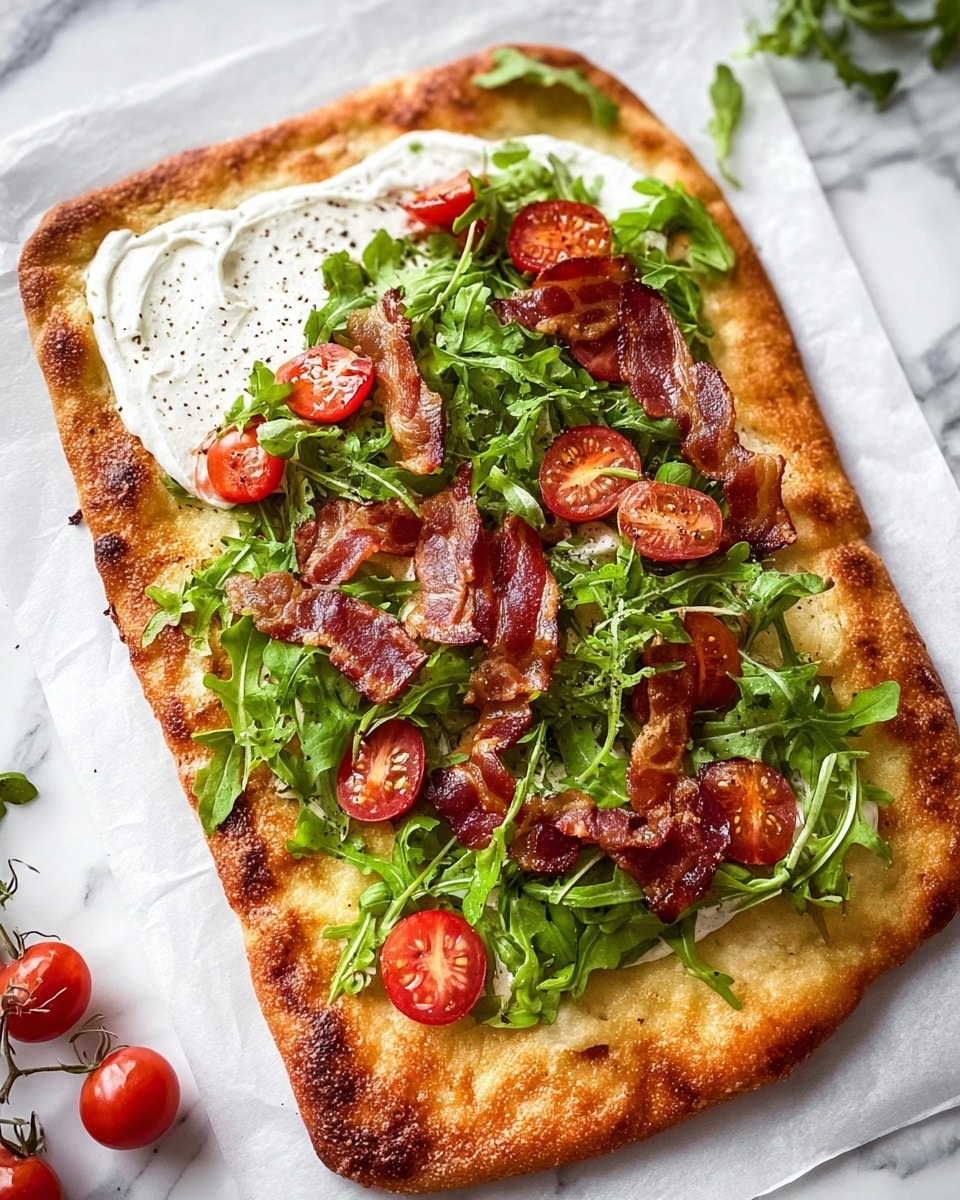 A toasted sandwich cut in half shows three layers inside: at the bottom, a thick spread of white cream cheese with green herbs on toasted bread with grill marks; above it, a layer of fresh green lettuce and red tomato slices; then crispy golden brown bacon strips; topped with another spread of white cream cheese with herbs and more tomato slices, all enclosed in the grilled flatbread. The sandwich sits on a white marbled surface with a few small herb leaves around it. Photo taken with an iphone --ar 4:5 --v 7
