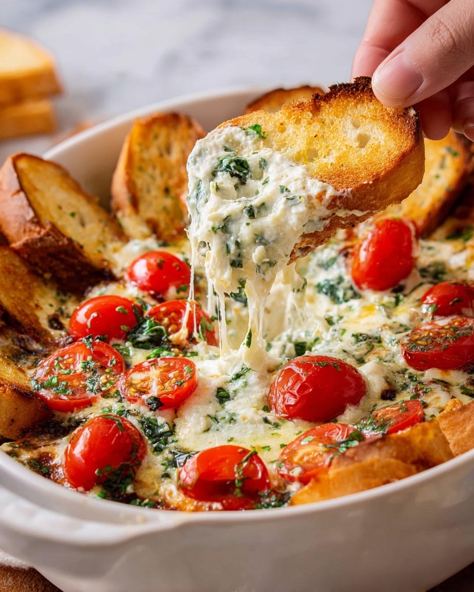 A white bowl filled with a creamy cheese dip as the base layer, mixed with chopped green herbs, topped with bright red halved cherry tomatoes scattered evenly across the surface. Toasted golden brown bread slices are placed on top around the edges. One golden toasted bread slice is lifted by a woman's hand, showing melted, stretchy white cheese dripping down with bits of green herbs. The whole scene is set on a white marbled textured surface. photo taken with an iphone --ar 4:5 --v 7