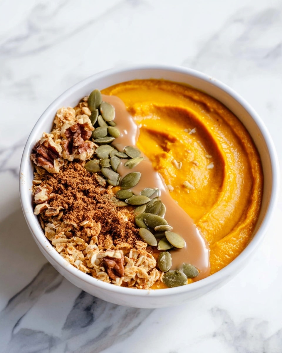 A white bowl sits on a white marbled surface with gold streaks, filled with a colorful, layered dish. One side of the bowl has a smooth, creamy orange layer, swirled with a scoop-shaped indentation. Next to it is a layer of granola with walnuts, showing a rough and crunchy texture. A line of green pumpkin seeds runs diagonally between these two sections, topped with a dusting of cinnamon powder. On top of the pumpkin seeds is a light brown drizzle of nut butter, adding a glossy finish. photo taken with an iphone --ar 4:5 --v 7