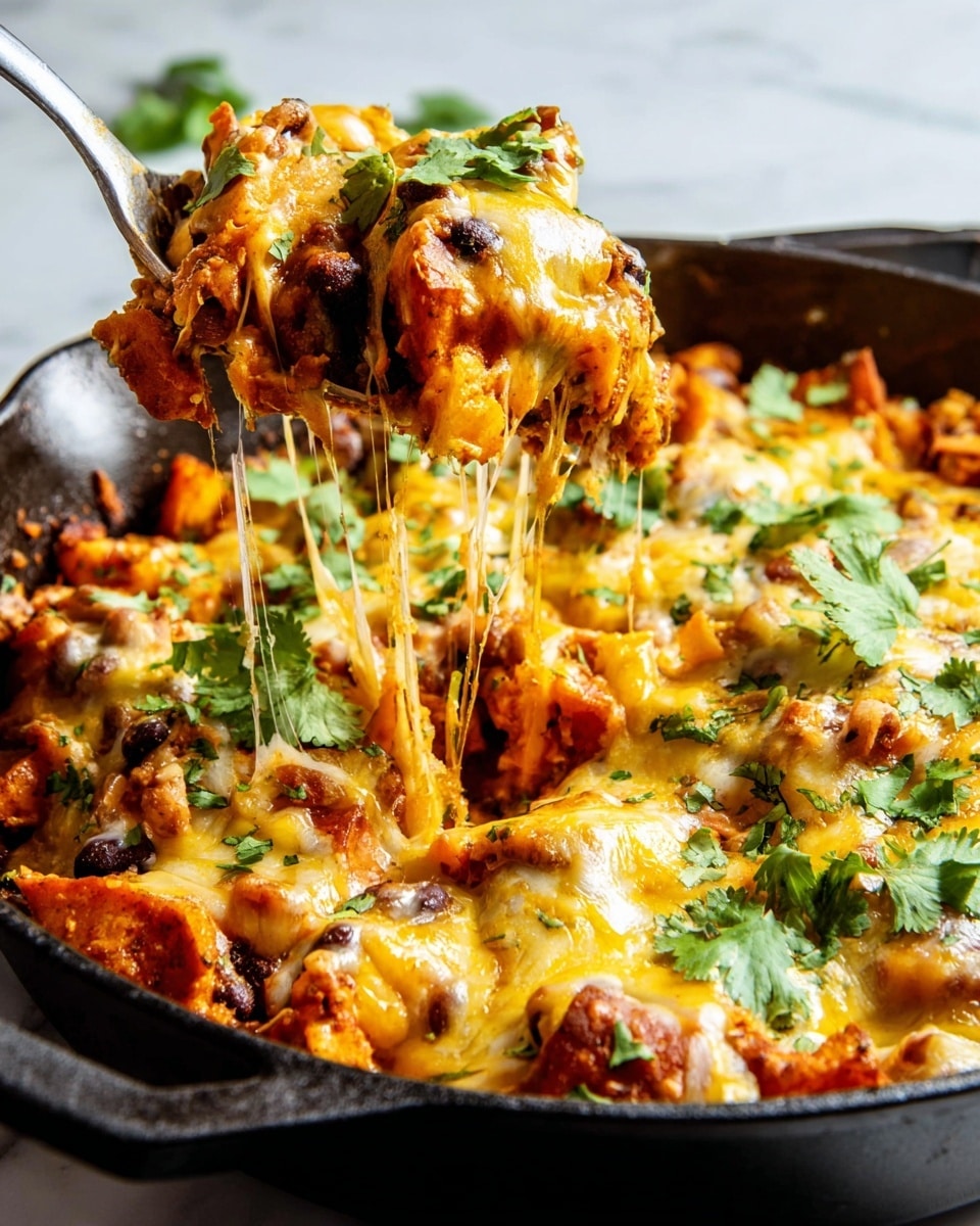 A black cast iron skillet filled with a layered dish, starting with a base of triangular orange tortilla chips, scattered with small black beans and diced orange sweet potatoes. The middle layer is covered with melted orange-yellow cheddar cheese and white mozzarella, creating a gooey texture. On the top, fresh bright green chopped cilantro is spread evenly, adding color contrast. The skillet is placed on a white marbled surface with some cilantro leaves scattered around, a white bowl partially visible on the left, and a striped cloth near the handle of the skillet. Photo taken with an iphone --ar 4:5 --v 7