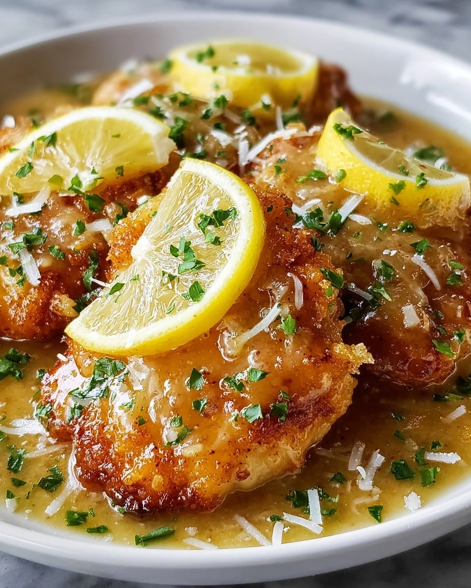 The image shows a close-up of three golden-brown, crispy fried chicken pieces on a white plate. Each chicken piece is coated with a shiny, thick sauce that looks creamy and slightly translucent, pooling slightly around the pieces. Thin lemon slices sit on top of the chicken, adding a bright yellow contrast. The dish is sprinkled with finely chopped green herbs and small white shreds, possibly grated cheese or onions, enhancing texture and color. The plate rests on a white marbled surface, and the photo is taken up close to highlight the texture and gloss of the chicken and sauce. photo taken with an iphone --ar 4:5 --v 7
