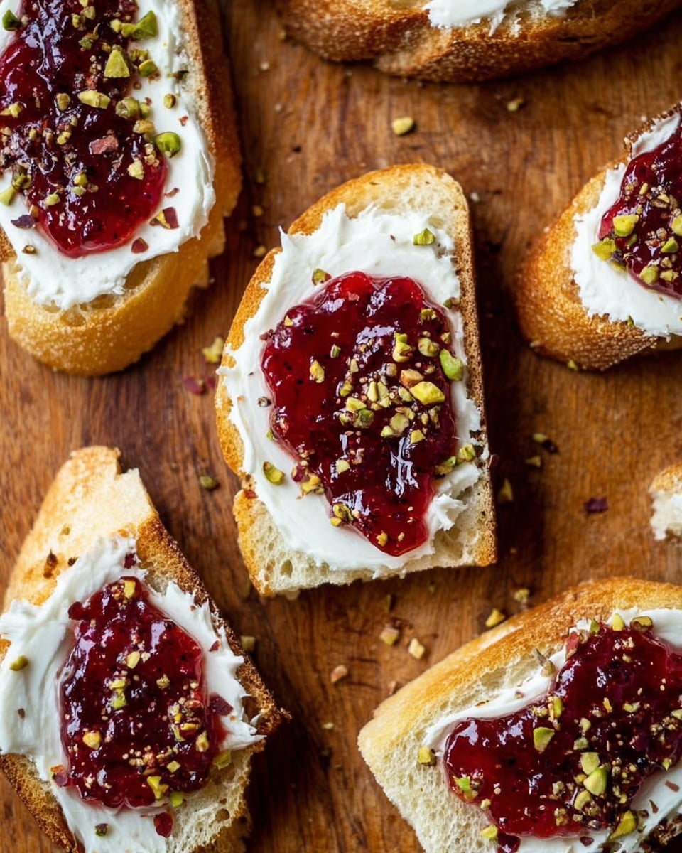 The image shows several pieces of toasted baguette slices placed on a brown wooden surface with a white marbled texture. Each toast slice has a thick base layer of white creamy cheese spread evenly, topped with a glossy, deep red jelly or jam dollop in the center. Tiny bits of crushed pistachios and red chili flakes are sprinkled over the jam, adding texture and color contrast. The toasted bread slices have a golden-brown crust with a slightly rough texture, and the arrangement is casual, filling the frame. photo taken with an iphone --ar 4:5 --v 7