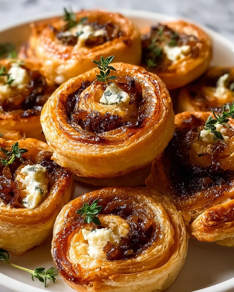 A close-up view of multiple golden brown puff pastry pinwheels placed closely together on a white plate, each pinwheel showcasing flaky, crispy layers spiraled tightly with a filling of caramelized onions that are dark brown and glistening, along with dollops of creamy white cheese visible in between some of the layers. Each pinwheel is topped with small sprigs of fresh green thyme adding a pop of color, and the texture of the flaky pastry contrasts with the soft, sticky filling. The background shows a white marbled surface softly blurred to keep focus on the pinwheels. photo taken with an iphone --ar 4:5 --v 7