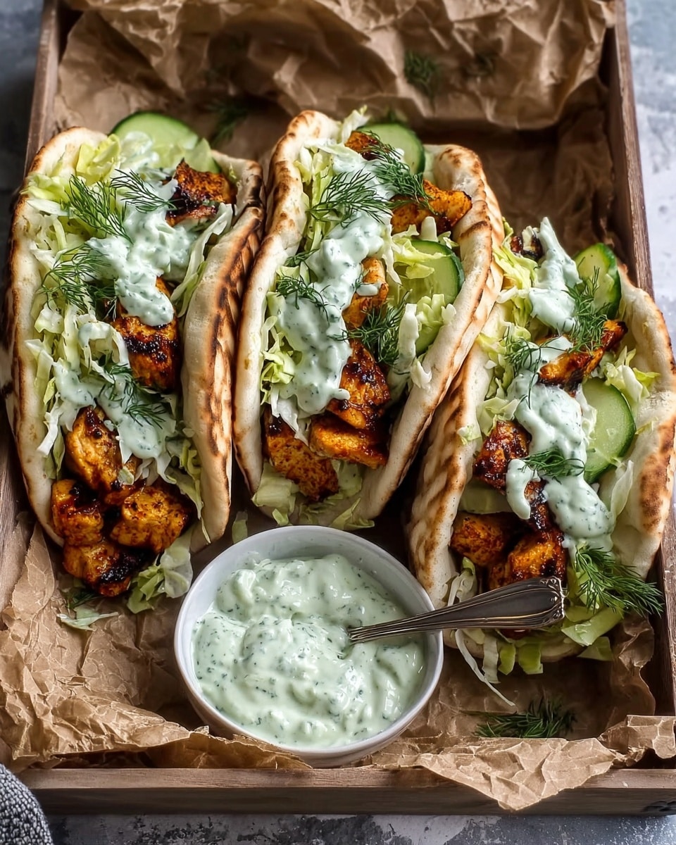 The image shows three pita bread wraps placed side by side on crumpled brown paper inside a wooden box, with a white marbled texture beneath. Each pita contains three main layers: the bottom layer is filled with golden-brown grilled chicken pieces with a slightly charred look, the middle layer has shredded light green lettuce and thin slices of cucumber, and the top layer is drizzled with a creamy pale green sauce with small herb pieces visible, garnished with fresh dill sprigs. In front of the pitas, there is a small white bowl filled with the same creamy green sauce and a silver spoon resting inside. The photo is taken with an iphone --ar 4:5 --v 7