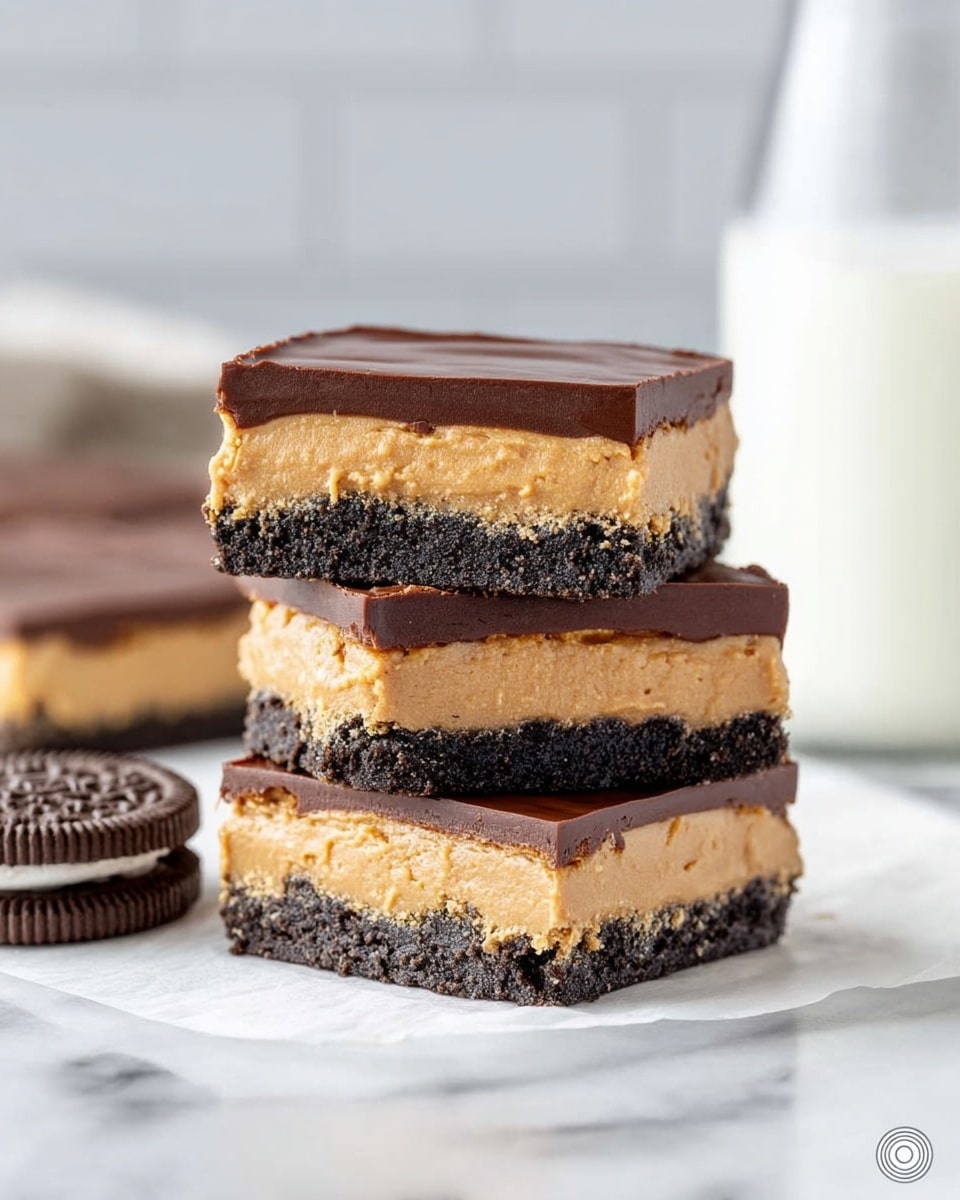 The image shows a stack of three thick square dessert bars on a white marbled surface. Each bar has three layers: a dark, crumbly bottom layer with a rough texture, a thick creamy middle layer in a light peanut butter brown color with a smooth but slightly airy texture, and a thin glossy top layer of dark chocolate that looks smooth and firm. The bars are neatly stacked, and to the left, there is a single sandwich cookie with a white filling partially in view. In the blurred background, a tall clear glass filled with milk can be seen. photo taken with an iphone --ar 4:5 --v 7