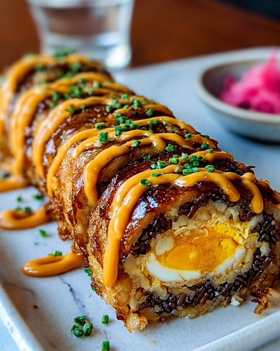The image shows a close-up of a sliced roll dish arranged on a white plate, placed on a white marbled surface. The roll has three visible layers: a crispy golden-brown outer layer with a shiny texture, a middle layer of dark brown crispy rice or nuts, and an inner layer with bright orange yolk and white pieces, likely egg. The top of the roll is covered with a zigzag drizzle of orange sauce and sprinkled with small chopped green herbs. The roll is cut to show the inside, and in the background, a blurred pink side item and a glass are visible. Photo taken with an iphone --ar 4:5 --v 7