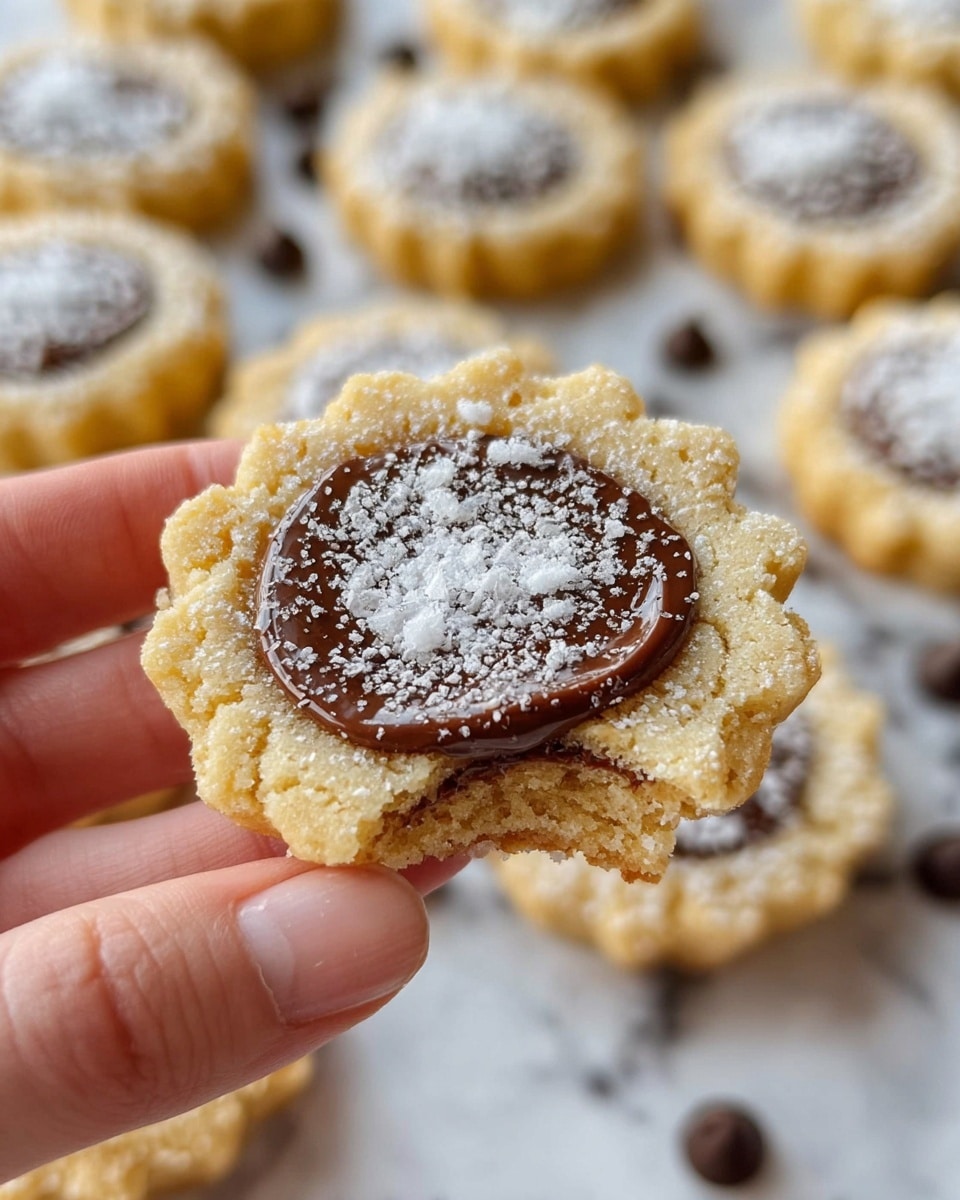 A close-up of a golden brown cookie with a crumbly texture is held by a woman's hand. The cookie has one layer of thick chocolate spread in the center, which is topped with a sprinkle of white powdered sugar. In the background, more cookies of the same kind are spread out on a white marbled surface, each with the same chocolate center and powdered sugar dusting. Small dark chocolate chips are scattered around the cookies. The scene is bright and clear, showing soft textures and colors. photo taken with an iphone --ar 4:5 --v 7
