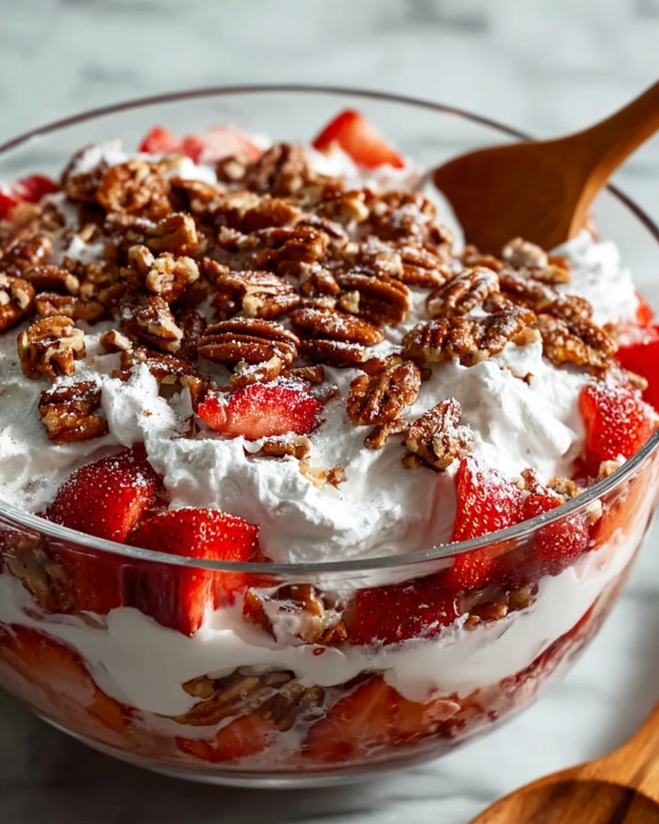A clear glass bowl filled with layers of sliced red strawberries, white whipped cream, and brown crunchy pecans, all mixed together with a wooden spoon visible on the upper right side. The strawberries are fresh and juicy, the whipped cream looks light and fluffy, while the pecans add a textured, nutty top layer that contrasts with the smooth cream and vibrant fruit. The bowl is placed on a white marbled surface, creating a clean and bright setting, with some whole strawberries blurred in the background. Photo taken with an iphone --ar 4:5 --v 7