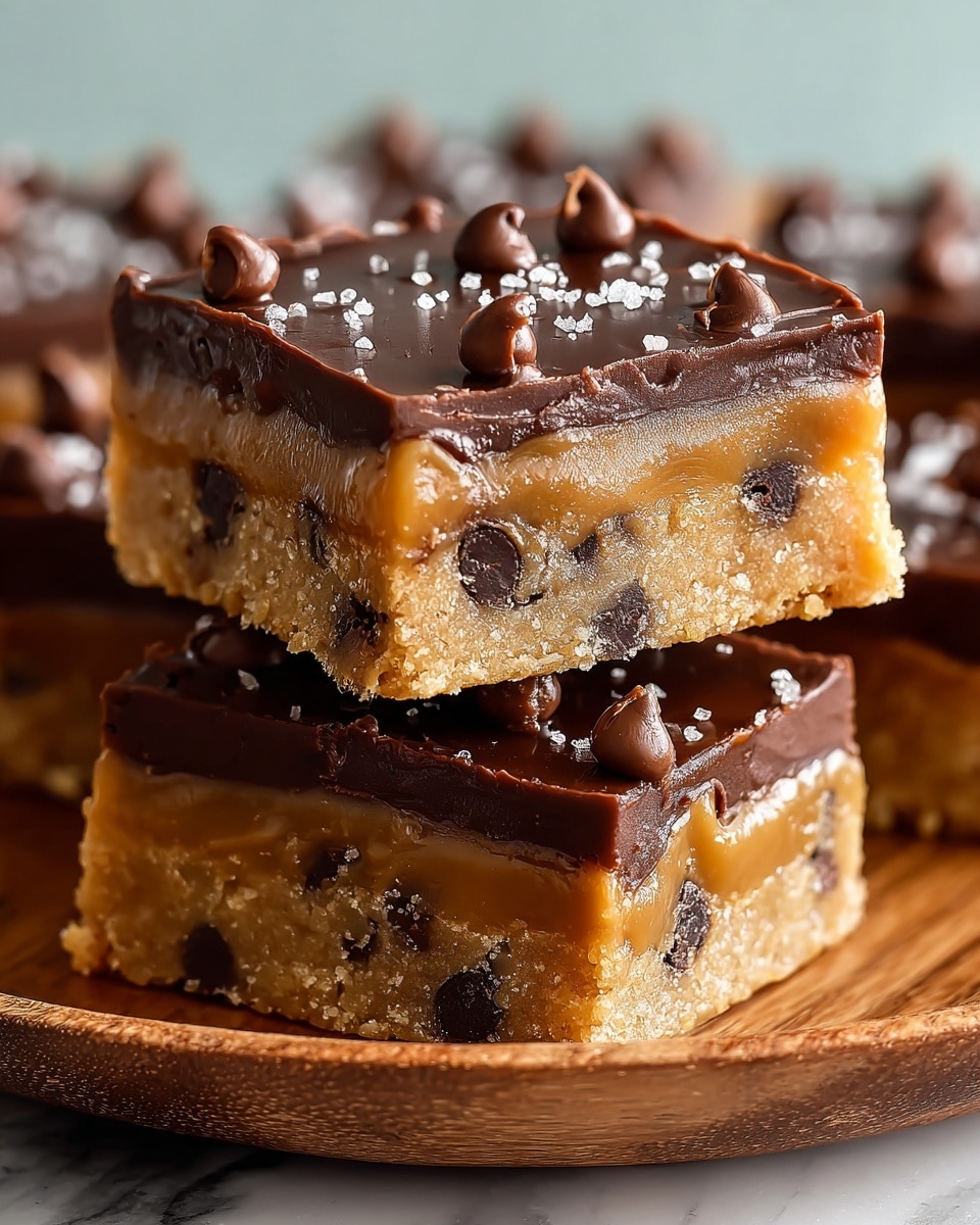 The image shows two square dessert bars stacked on a wooden plate set on a white marbled texture. Each bar has three layers: the base layer is a light tan cookie dough embedded with dark chocolate chips, the middle layer is a smooth, rich caramel of golden brown color, and the top layer is a glossy dark chocolate ganache sprinkled with coarse sea salt and decorated with several small chocolate chips placed on the surface. The bars look soft and moist with a slight shine on the caramel and chocolate. Photo taken with an iphone --ar 4:5 --v 7