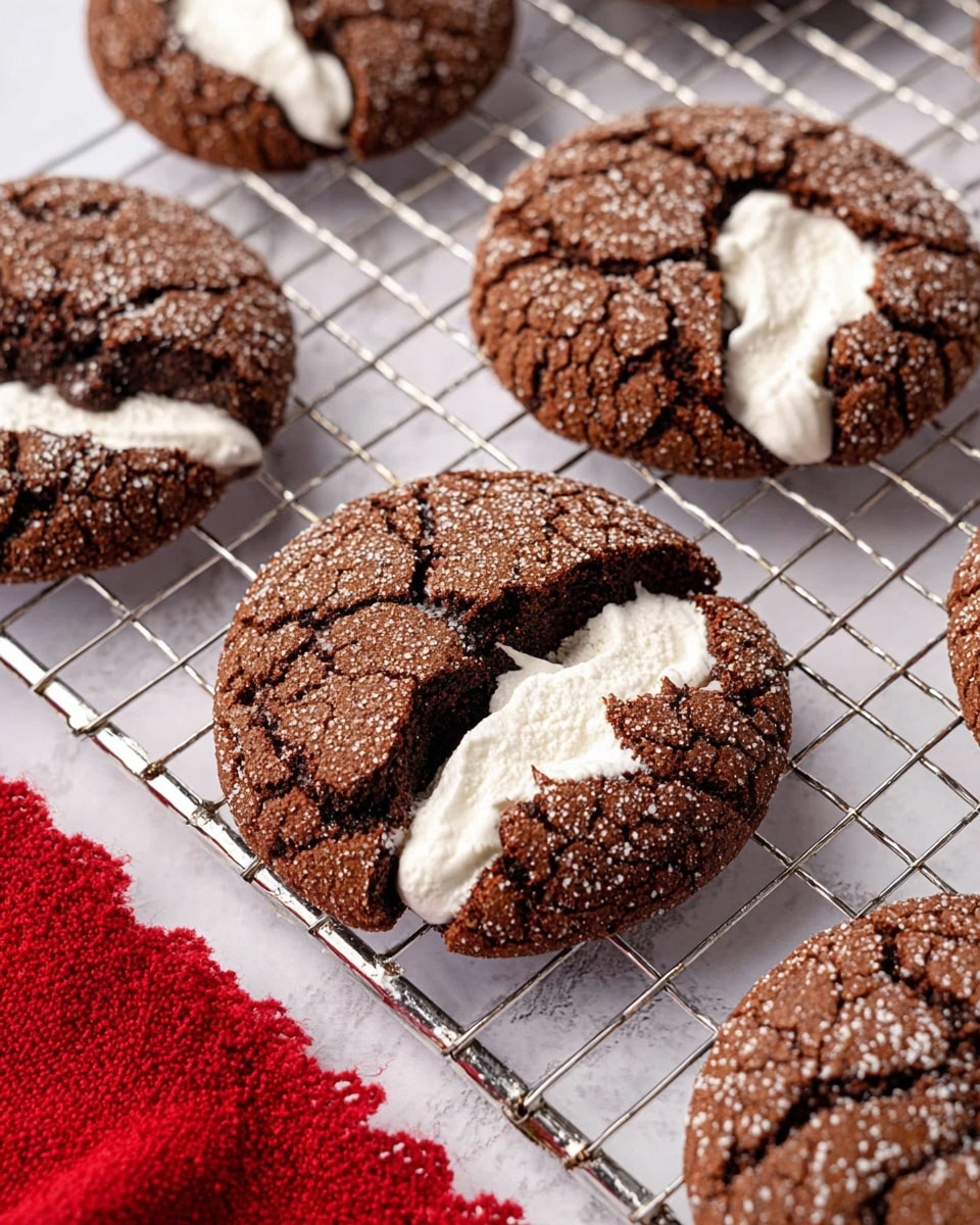 Several round chocolate cookies with cracked, rough tops are placed on a silver wire cooling rack over a white marbled surface. Each cookie has one side split open, showing a gooey, melted white marshmallow center stretching slightly in the broken parts. The cookies have a deep brown color and a sugar-dusted texture. In the bottom right corner, a textured red cloth is partially visible next to the rack. photo taken with an iphone --ar 4:5 --v 7