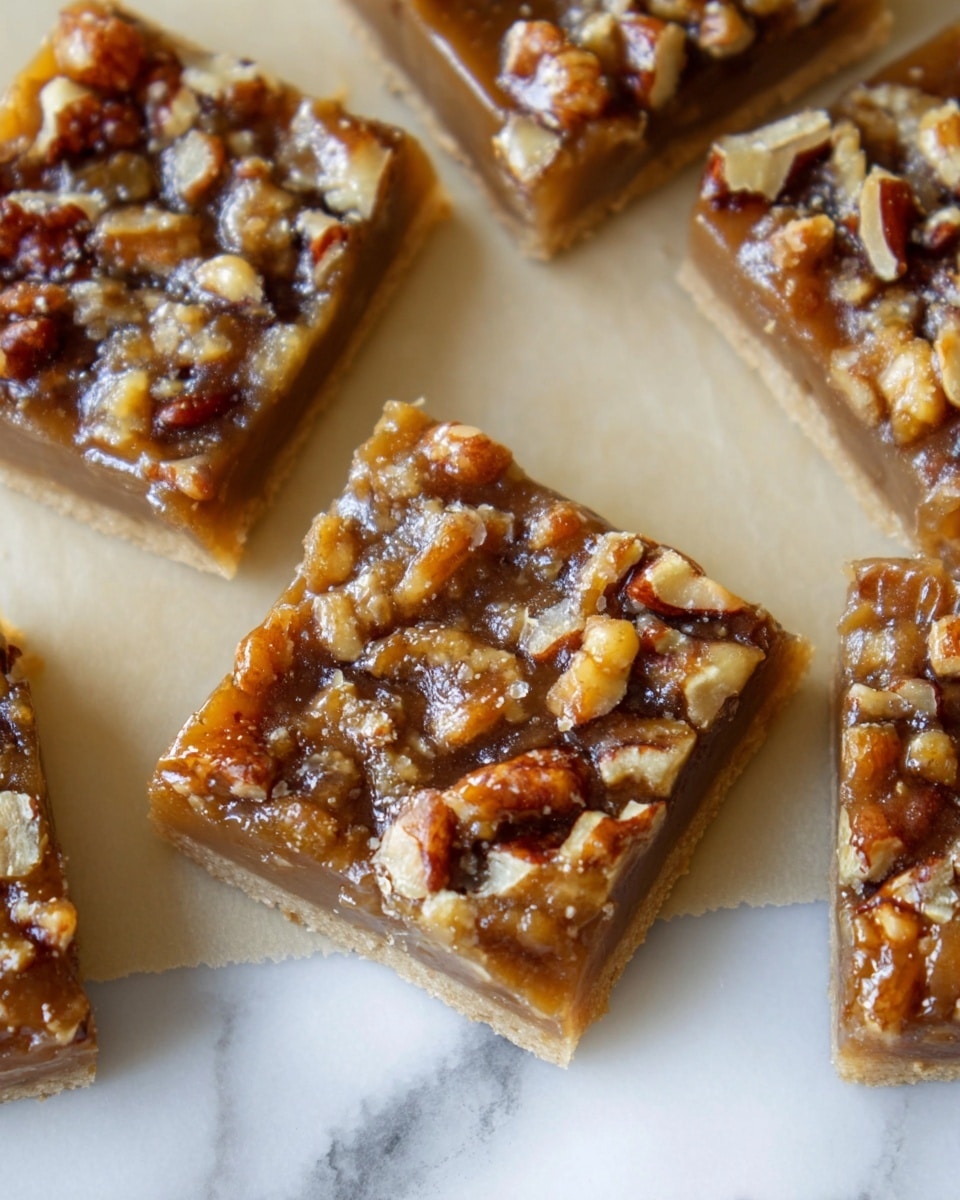 The image shows several square dessert bars arranged closely on a white marbled surface. Each bar has two layers: the bottom layer is a thin, golden-brown crust with a slightly crumbly texture, and the top layer is thickly coated with a glossy, caramel-colored nut topping; the nuts are unevenly chopped, mostly walnuts, giving a lumpy and crunchy appearance with a mix of light beige and dark brown colors. The bars are cut cleanly into squares, and the close-up view highlights the shiny, sticky glaze covering the nuts. photo taken with an iphone --ar 4:5 --v 7