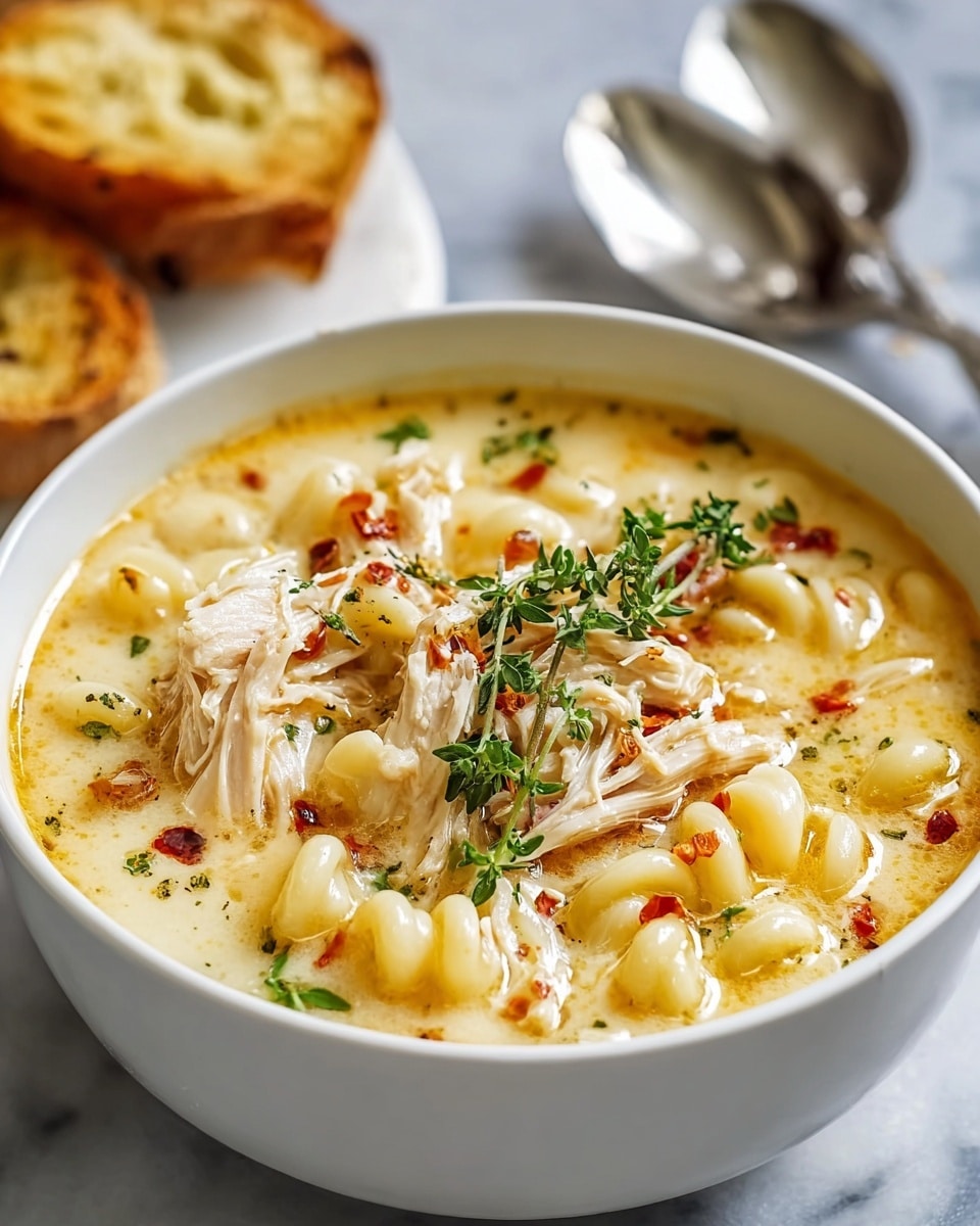 A bowl of creamy chicken noodle soup with three main layers visible: the base is a thick, pale yellow creamy broth speckled with small oil droplets, the middle contains soft, curved macaroni pasta of light yellow color, and the top layer shows shredded white chicken pieces garnished with bright green herbs and small red chili flakes, with a sprig of thyme placed on top. The bowl is white, sitting on a white marbled surface, with two shiny spoons and toasted round bread slices visible blurred in the background. Photo taken with an iphone --ar 4:5 --v 7