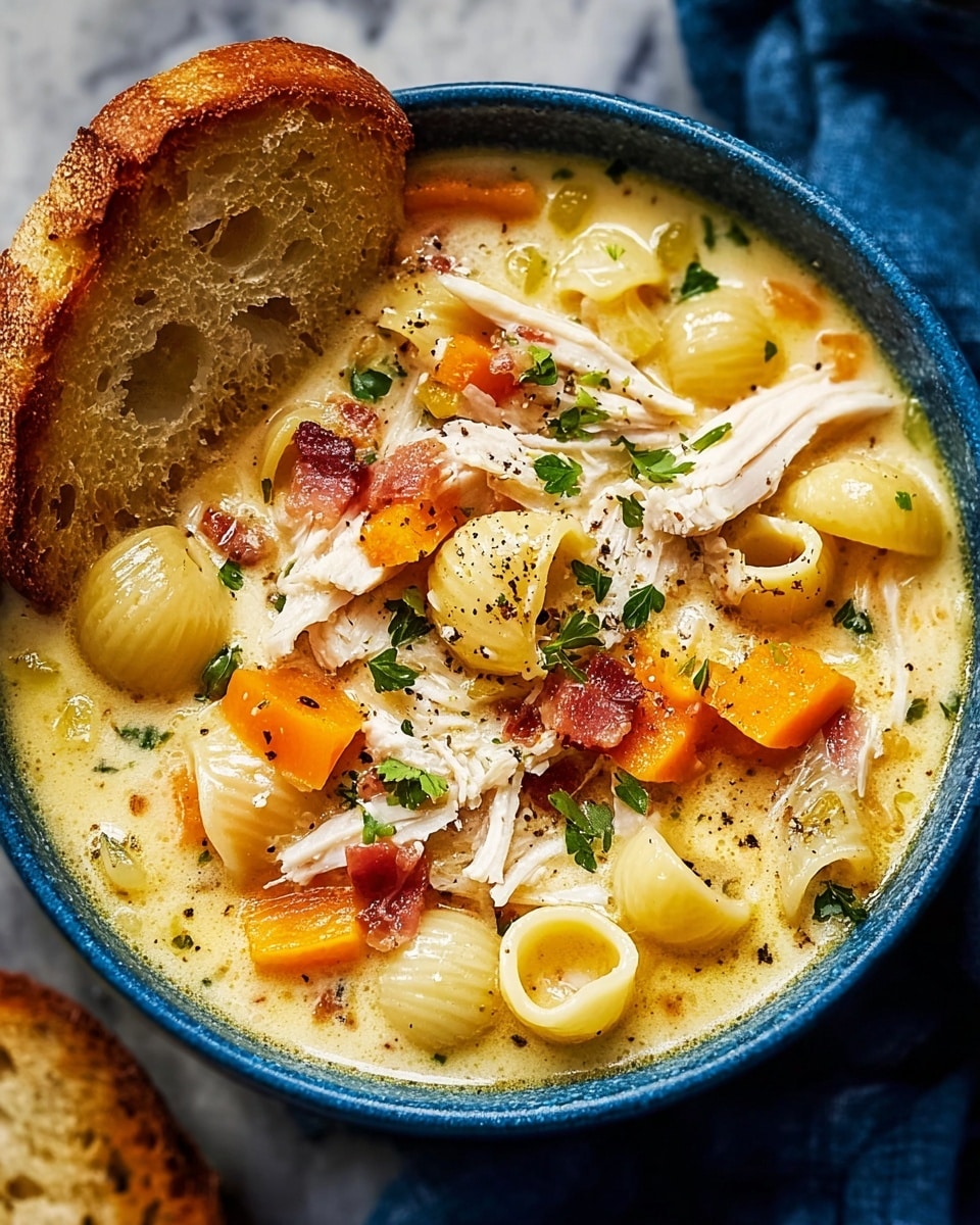 A close-up of a creamy soup served in a white bowl, filled with three layers: the bottom layer is pale yellow broth with small pasta shells, the middle layer contains chunks of orange vegetables and bits of cooked bacon, and the top layer is shredded white chicken pieces scattered with fresh green herb leaves and black pepper specks. A slice of toasted bread with a golden crust is placed inside the bowl, leaning on the edge. The bowl is set on a white marbled surface with a dark blue cloth nearby. Photo taken with an iphone --ar 4:5 --v 7