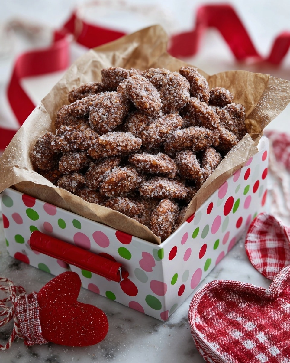 A festive gift box with colorful polka dots holds crumpled brown paper filled with a pile of sugar-coated, crunchy nuts like almonds and pecans; the nuts have a rough, sugary texture and brown color with white sugar crystals visible on them, sitting high and full in the box. A small red clip shaped like a mitten with white snowflake designs is clipped onto the paper on the right side. Below the box, there is a red and white checkered heart decoration hanging against a white marbled texture surface, along with red ribbons with white polka dots and a red cloth nearby, adding a cozy and festive feel. Photo taken with an iphone --ar 4:5 --v 7