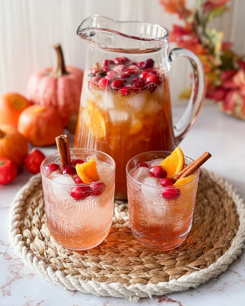 The image shows a clear glass pitcher filled with a layered drink, with a base layer of dark amber liquid and topped with ice cubes, red cranberries, and a slice of orange. In front of the pitcher, there are two clear glasses, each filled with pinkish liquid, ice cubes, red cranberries, and a small orange wedge on top, garnished with a cinnamon stick. The pitcher and glasses are placed on a woven white rope mat on a white marbled surface, with some out-of-focus tomatoes and fall decorations in the background. Photo taken with an iphone --ar 4:5 --v 7