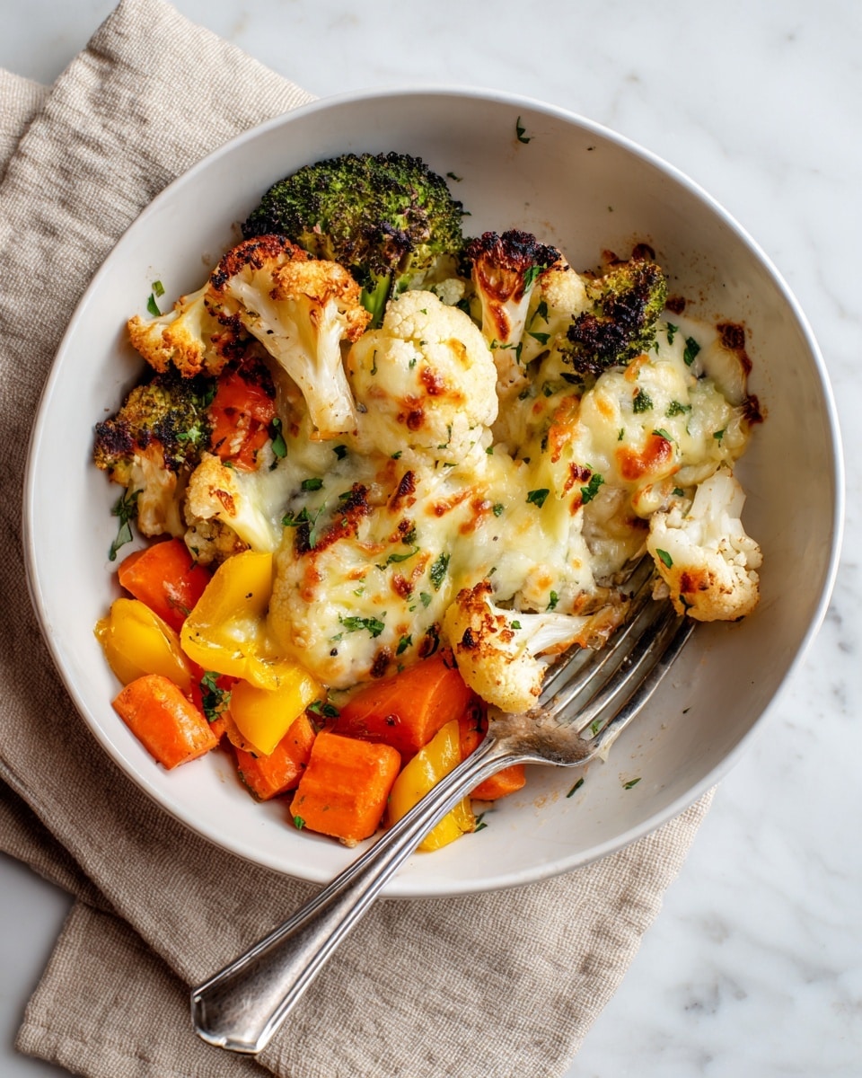 A white bowl holds a dish of roasted vegetables with three main layers: the bottom layer features bright orange carrot chunks and yellow bell pepper pieces, scattered around the bowl. The middle layer consists of large, tender florets of broccoli and cauliflower, showing a mix of deep green and creamy white colors with some charred brown spots. The top layer is covered with melted cheese that is golden-brown and bubbly, with small bits of chopped green herbs sprinkled over it. A silver fork rests on the right side inside the bowl, with a piece of cauliflower on its tines. The bowl sits on a beige cloth on a white marbled surface. photo taken with an iphone --ar 4:5 --v 7