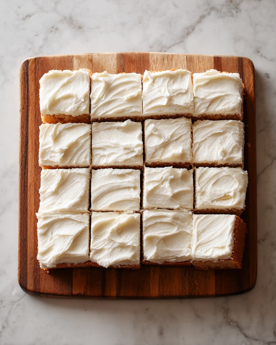 A wooden cutting board on a white marbled surface holds a rectangular cake divided into 24 square pieces arranged in 4 rows and 6 columns. Each piece has two visible layers: a bottom layer of light brown cake with a soft texture and a top layer of thick white frosting spread evenly but with some slight swirls and texture showing. The cake pieces are cleanly cut, showing clear separation between each square. The overall look is neat with a simple, homemade feel. photo taken with an iphone --ar 4:5 --v 7
