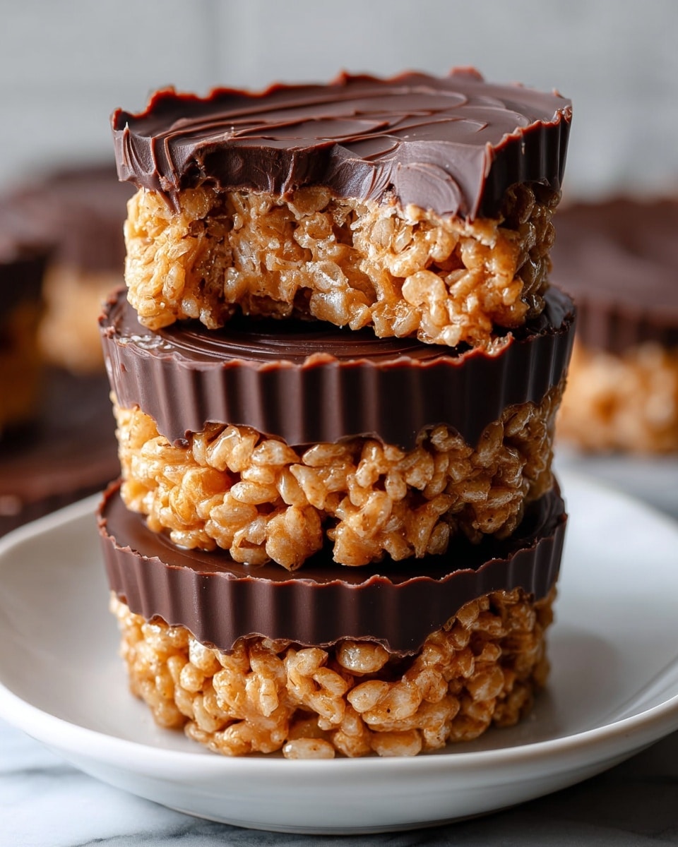 A stack of three chocolate peanut butter rice crispy treats is shown on a white plate with a white marbled surface in the background. Each treat has two layers: the bottom layer is a golden, sticky rice crispy mix with visible puffed rice pieces, rough and textured, forming a thick base; the top layer is a smooth, dark chocolate layer with a glossy finish and gentle swirls, slightly thicker on the edges with defined ridges from the cup mold. The top treat has a bite taken out, revealing the chewy inside of the rice crispy layer and the chocolate's thickness. Photo taken with an iphone --ar 4:5 --v 7