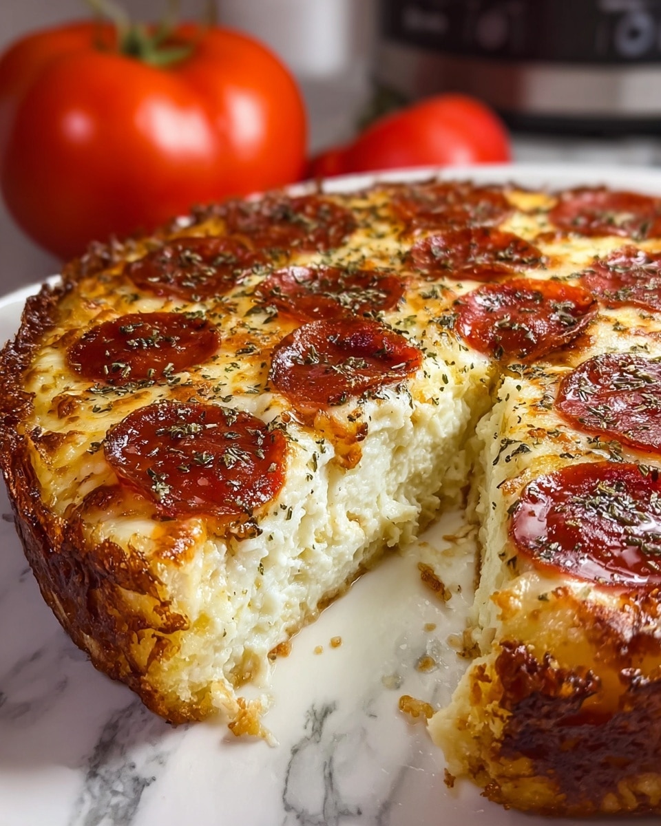 A thick slice of deep-dish pepperoni pizza sits on a white plate with a three-layer look. The bottom layer is golden and crispy, acting as the crust with a rough texture. The middle layer is white and fluffy, showing soft melted cheese. On top, there is a bright red layer of pepperoni slices spread evenly, with herbs sprinkled over. The edges of the pizza are browned and slightly crispy, and the background shows a blurred red tomato and a glass baking dish with more pizza pieces. The scene is set on a white marbled surface. photo taken with an iphone --ar 4:5 --v 7