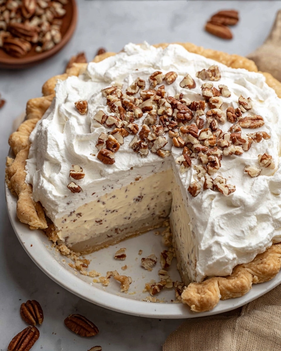 A pie with three clear layers: the bottom crust is golden brown with a crimped edge, holding a thick, creamy middle layer speckled with small pecan pieces in a light beige shade, topped by a generous, fluffy white whipped cream layer decorated with roughly chopped pecans scattered on top. The pie sits on a white plate on a white marbled textured surface, with pecan pieces and a beige cloth visible nearby. Photo taken with an iphone --ar 4:5 --v 7