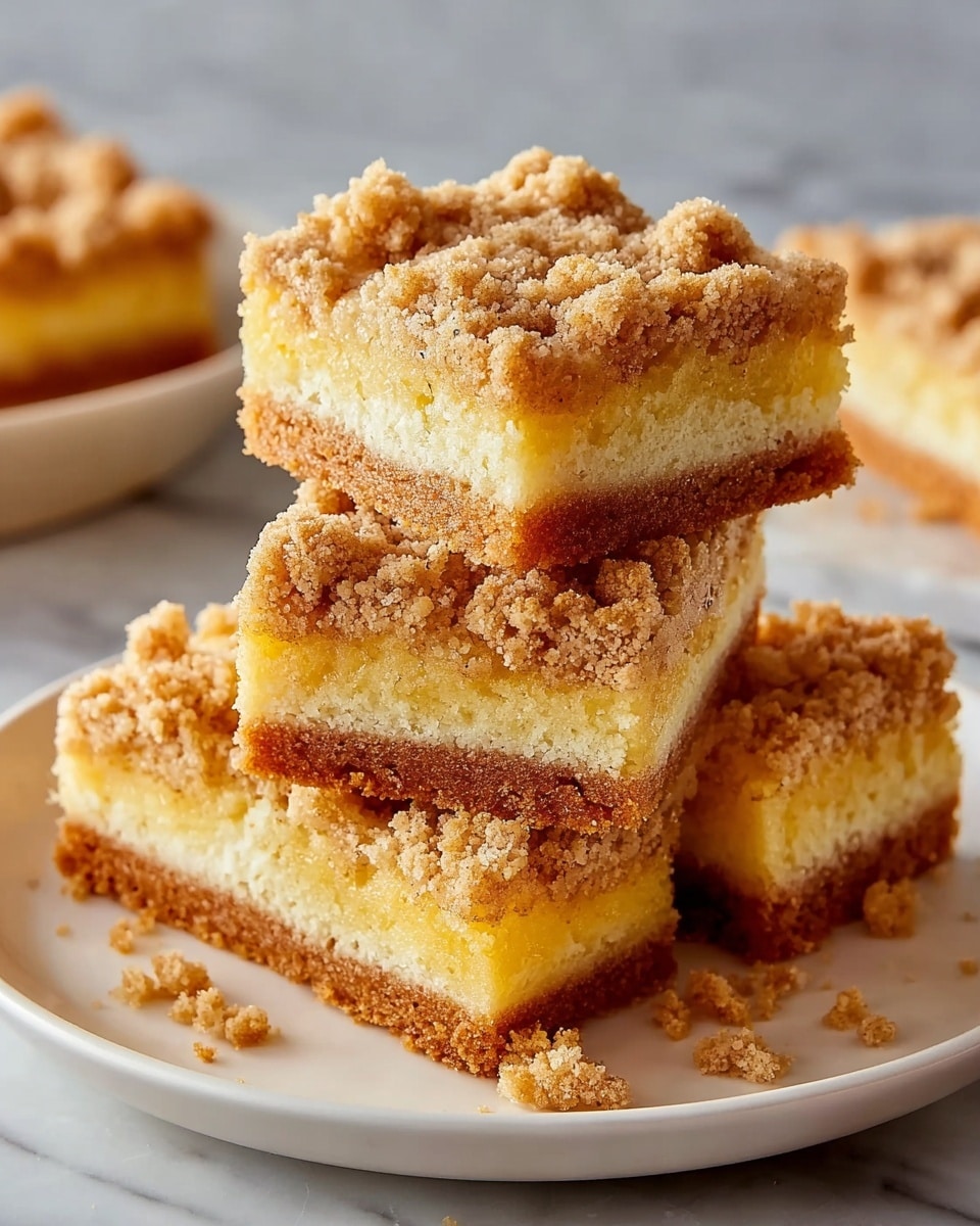 Four square pieces of crumb cake sit stacked on a white plate on a white marbled surface. Each piece has three layers: a thin, golden brown crust at the bottom, a thick, soft yellow cake layer in the middle, and a crumbly, light brown streusel topping with uneven, coarse crumbs on top. The cake pieces look moist and fluffy, and some crumbs are scattered on the plate. The photo taken with an iphone --ar 4:5 --v 7
