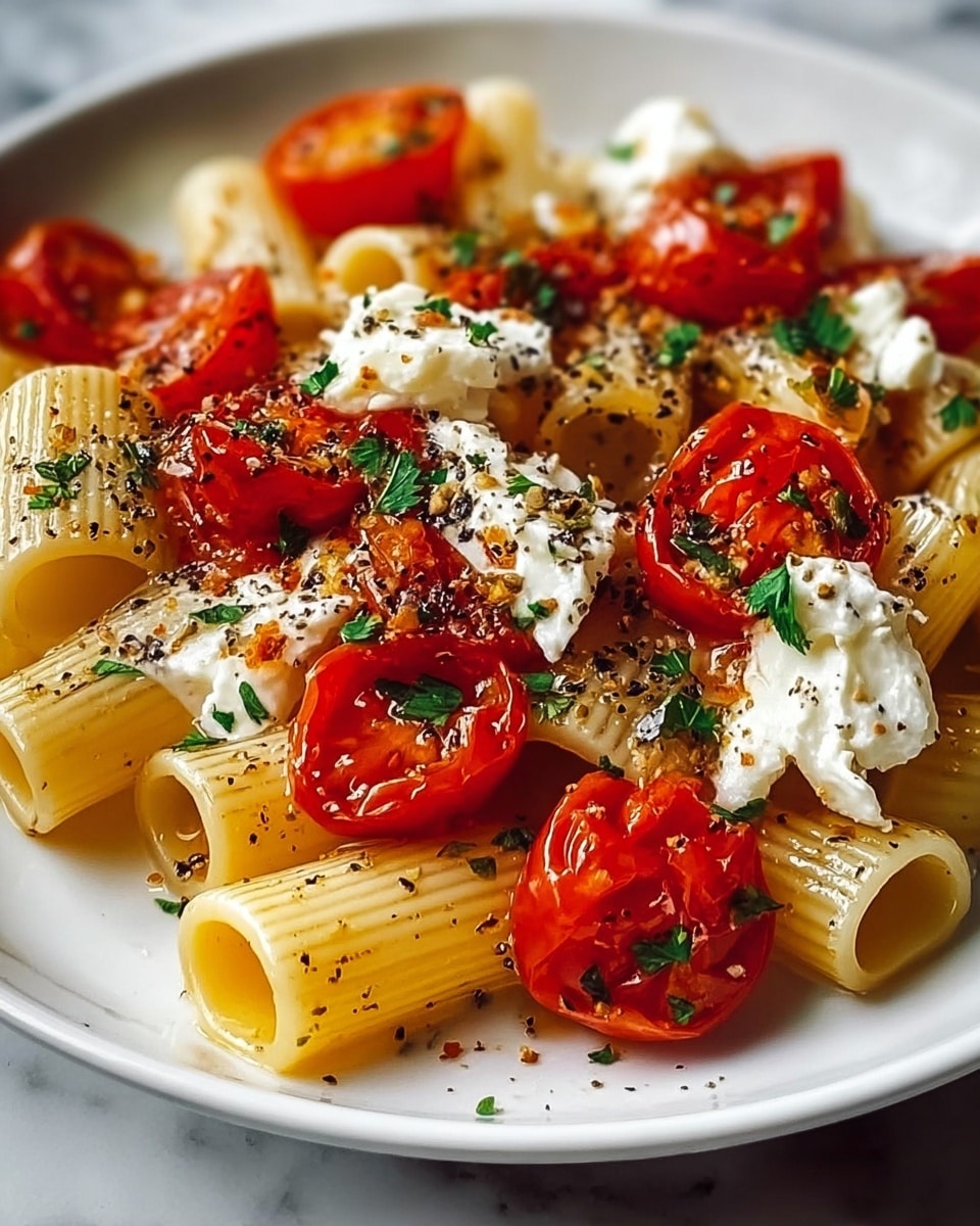 A close-up view of a white plate filled with tubular pasta that is pale yellow and slightly glossy. Scattered on top are bright red roasted cherry tomatoes, some whole and some sliced in half showing their juicy inside. Small dollops of creamy white cheese sit on the pasta, creating soft, textured spots. The dish is sprinkled generously with coarse cracked black pepper and finely chopped fresh green herbs, adding contrast and color. The white plate rests on a white marbled surface, enhancing the vivid reds, whites, and yellows of the food. photo taken with an iphone --ar 4:5 --v 7