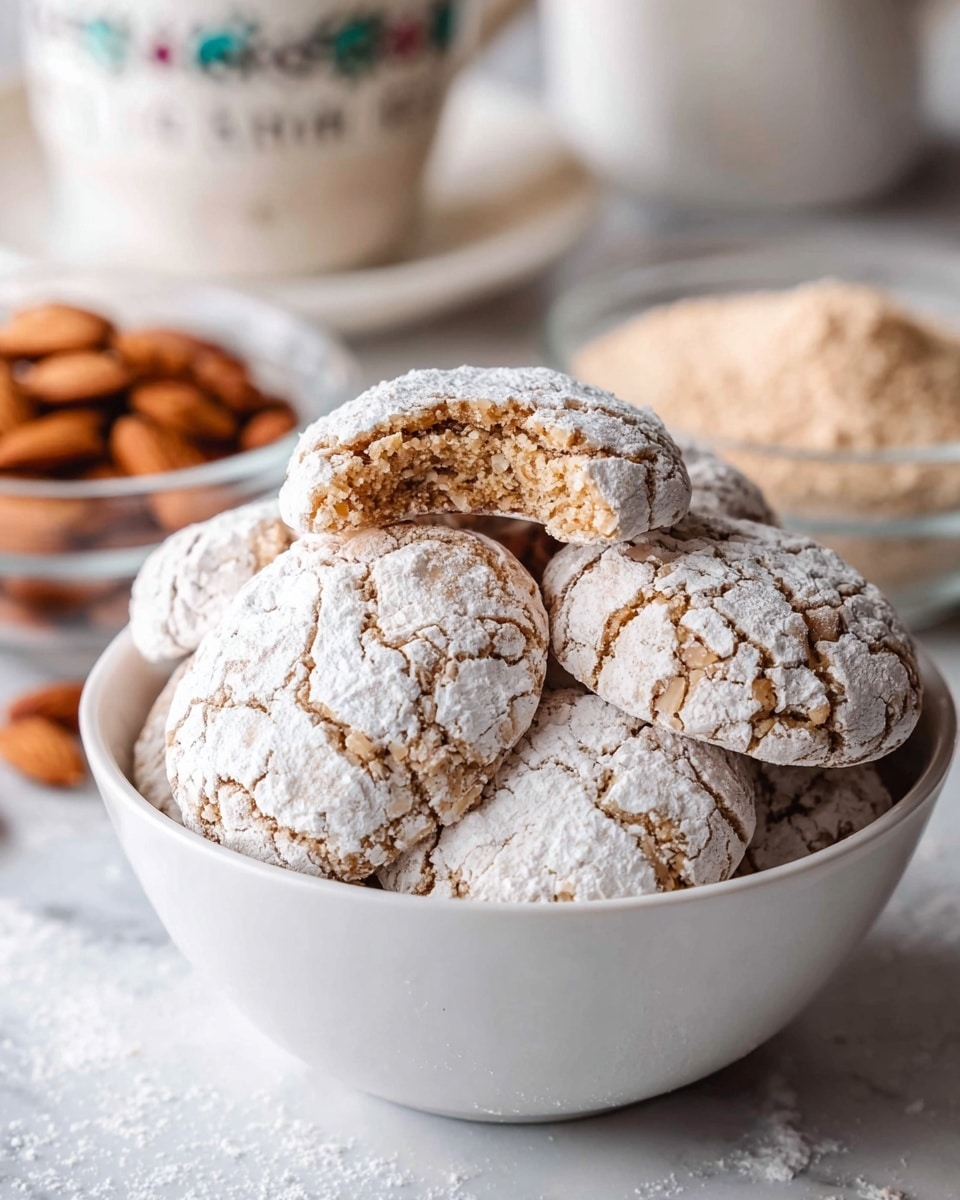A white bowl full of round, cracked cookies covered in powdered sugar sits in the center. One cookie is bitten, showing a light brown, soft inside. The bowl is placed on a white marbled texture surface, with a blurred background showing a white cup with text and a couple of glass bowls containing light brown powder and toasted almond slices. The cookies have a rough texture with visible cracks beneath the powdered sugar. Photo taken with an iphone --ar 4:5 --v 7