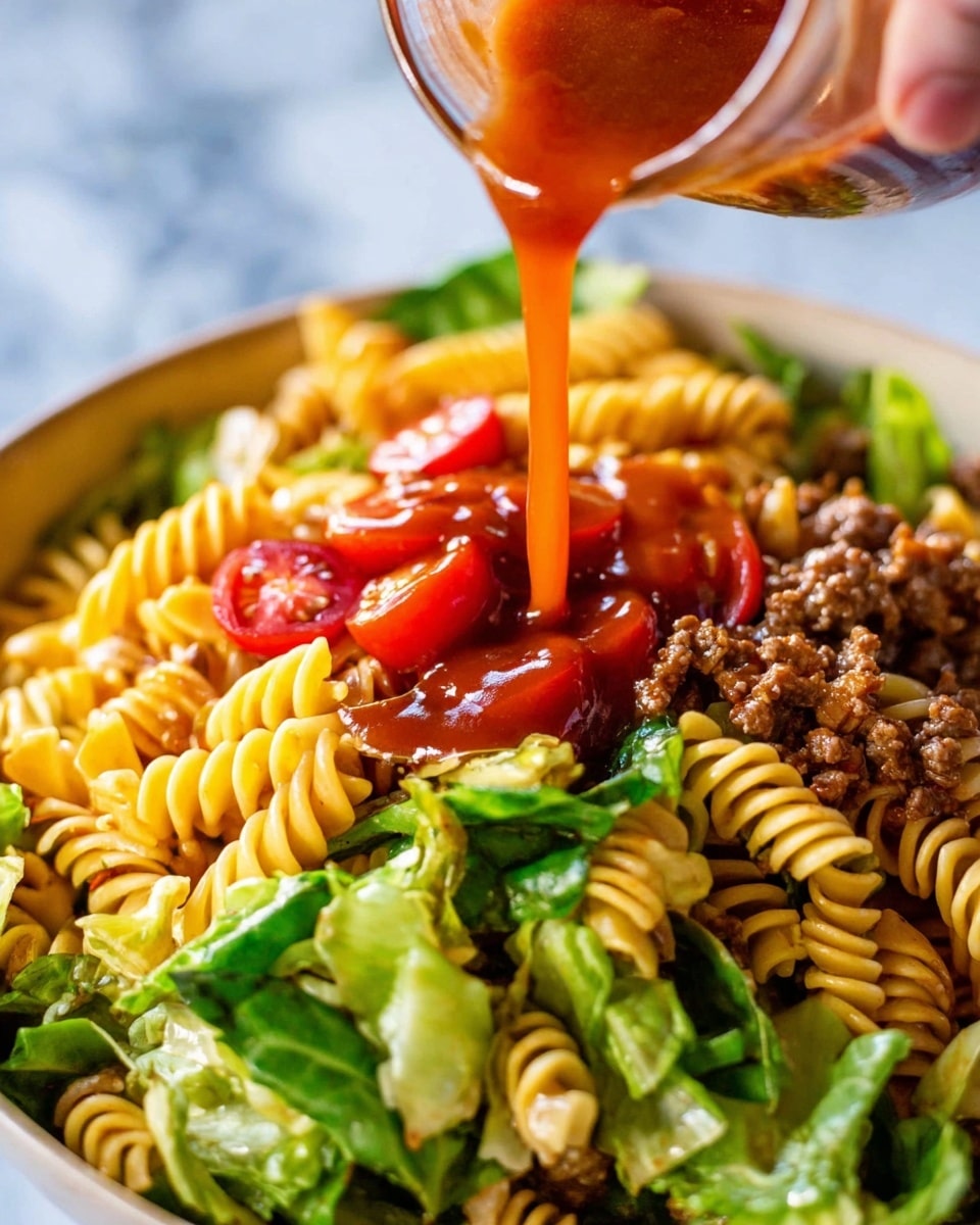 A close-up view shows a white bowl filled with a colorful pasta salad made of three main visible layers. The bottom layer has light yellow rotini pasta mixed with bright green leafy lettuce and small brown cooked ground meat pieces spread throughout. The middle layer is made of sliced red cherry tomatoes scattered on top of the pasta and greens. A woman's hand is pouring a thick, shiny reddish-orange sauce over the center of the salad, making a glossy layer of sauce that spreads over the pasta and vegetables. The background shows a soft white marbled texture. Photo taken with an iphone --ar 4:5 --v 7