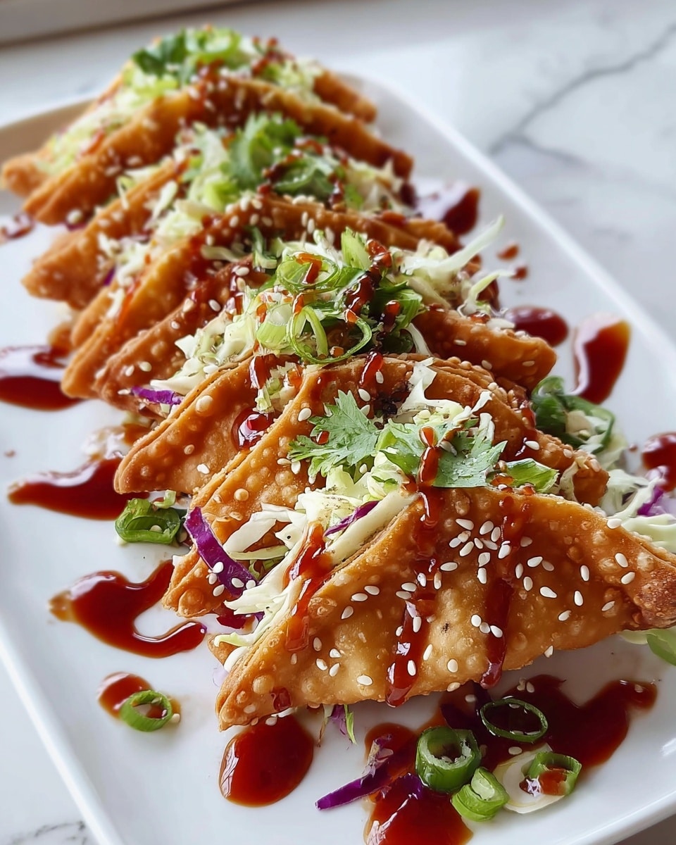 Three crispy golden-brown taco shells filled with layers of rich, dark brown glazed chicken pieces at the bottom, topped with a colorful mix of shredded green and purple cabbage, thin orange carrot strips, and chopped green onions. The tacos are garnished with fresh green herbs and sprinkled generously with white sesame seeds. Dark, glossy sauce is drizzled over the tacos and pools slightly on the white plate beneath. The background is a white marbled texture. photo taken with an iphone --ar 4:5 --v 7