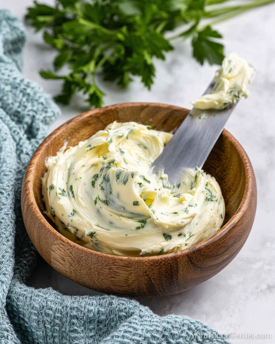 A small round wooden bowl filled with creamy white butter mixed with small green herb pieces, creating a smooth and slightly textured surface with soft folds. A silver butter knife rests inside the bowl, coated with the butter spread. The bowl sits on a white marbled texture with green parsley leaves placed in the background and a light blue knitted cloth partially visible on the left side. Photo taken with an iphone --ar 4:5 --v 7