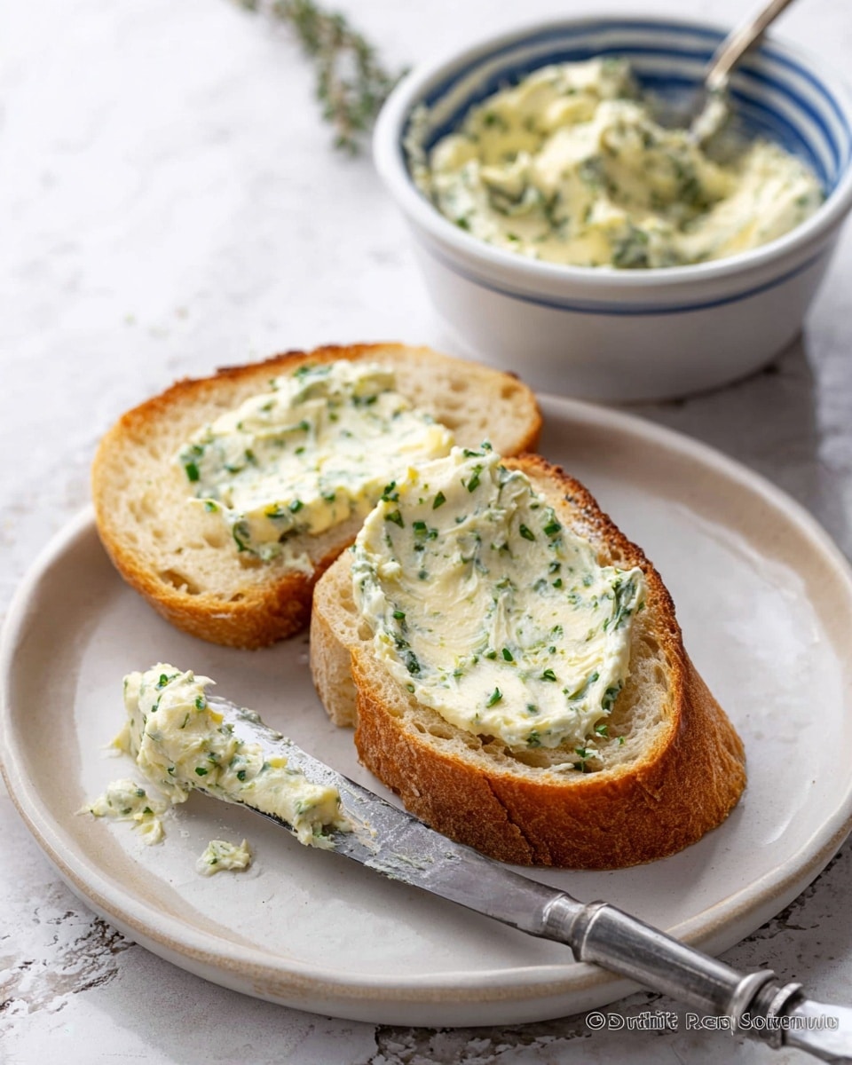 Two slices of toasted bread are placed on a white plate with a faint pattern. One slice is plain, and the other is spread thickly with light yellow butter mixed with small green herbs, showing a creamy texture with swirls. Next to the bread, a silver knife holds some more of the butter, resting on the plate. Behind the plate, a white bowl with blue stripes holds a large amount of the same herb butter. The whole scene is set on a white marbled surface. photo taken with an iphone --ar 4:5 --v 7