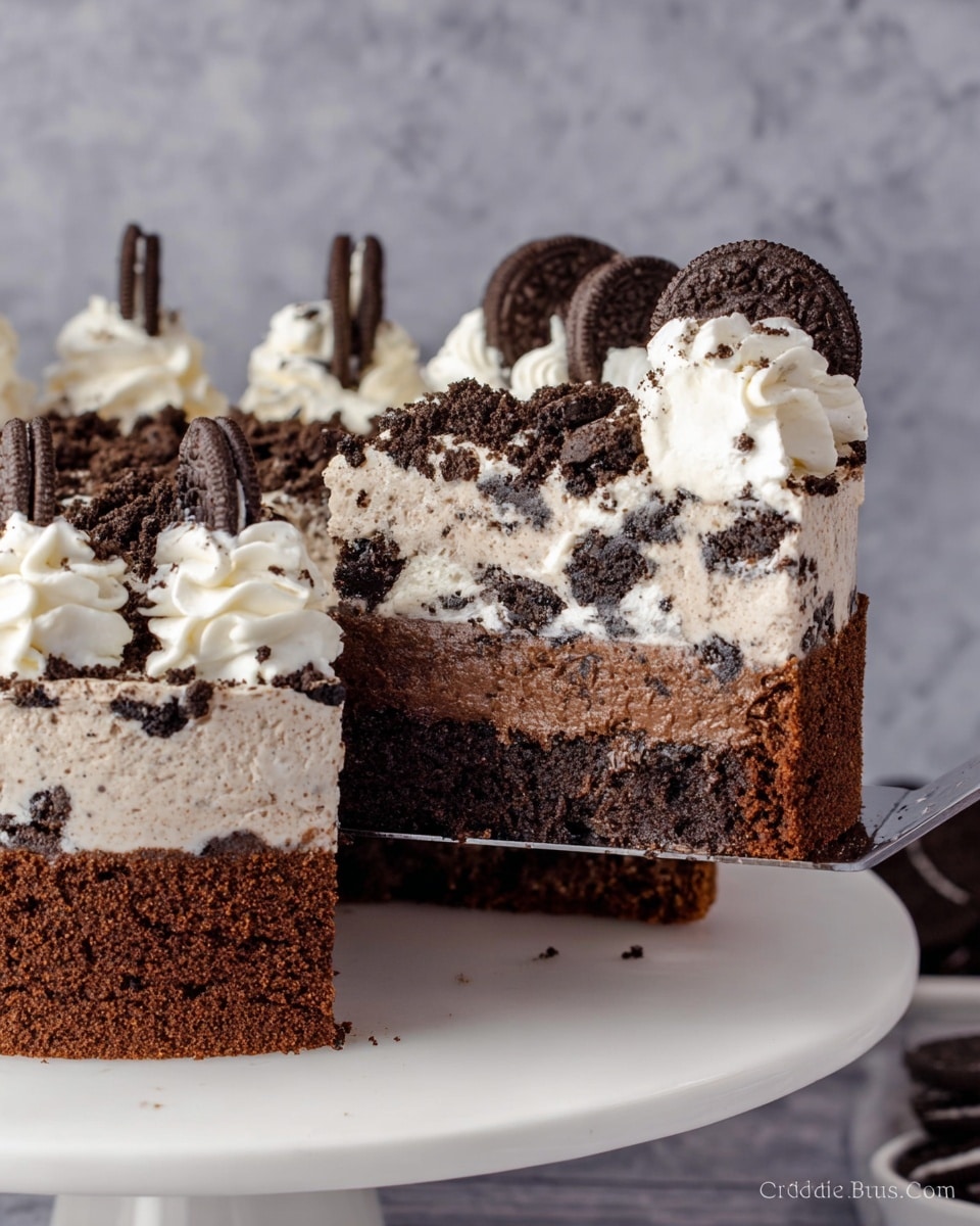 A close-up of a two-layer cake slice being lifted from a white plate with a white marbled texture. The bottom layer is a thick, dark chocolate brownie, dense and slightly crumbly. The top layer is a creamy, light cookies and cream mixture with tiny dark cookie bits mixed throughout, giving it a speckled texture. The top of the slice is decorated with a swirl of white whipped cream and a small half cookie standing vertically on it. The whole cake on the plate is decorated with swirls of white whipped cream evenly spaced around the edge, each topped with a small dark cookie standing up. More crushed cookies are sprinkled thickly over the top layer of the whole cake. The photo has a soft focus on the background with a white marbled texture. photo taken with an iphone --ar 4:5 --v 7