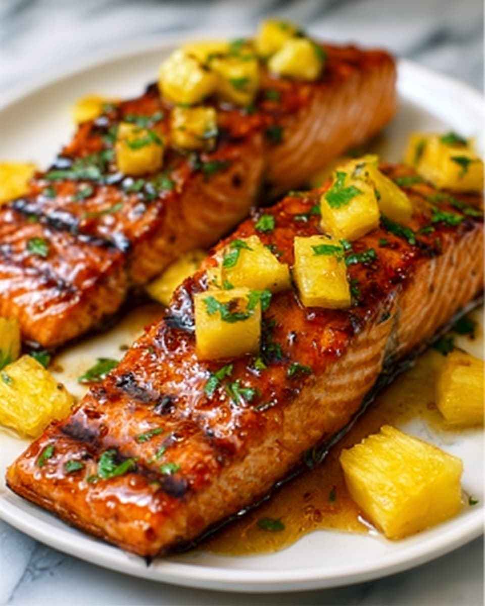 The image shows three thick, cooked salmon fillets arranged closely on a black pan filled with a dark sauce. Each fillet has a shiny, golden-brown surface with visible grill marks and is topped with a small cube of melted yellow butter. Small green herb pieces are sprinkled over the salmon and sauce, adding contrast. The background is not visible, focusing fully on the rich textures and colors of the salmon and sauce. Photo taken with an iphone --ar 4:5 --v 7