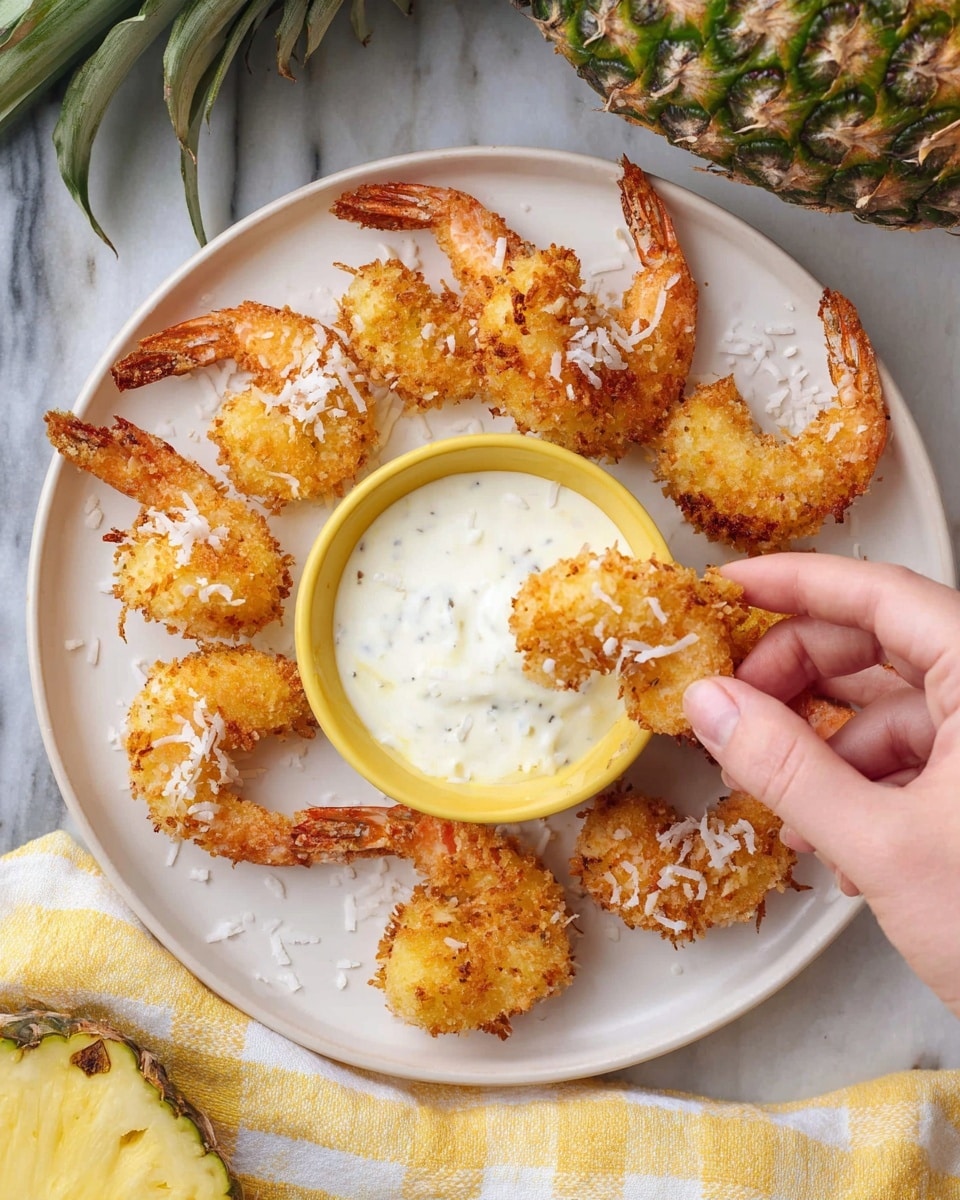 The image shows a white plate with six golden-brown fried shrimp, each coated in a crispy texture with small coconut flakes visible on the surface. The shrimp are arranged around a small yellow bowl filled with a creamy white dipping sauce that has bits of coconut on top. A woman's hand is dipping one shrimp into the sauce. The plate is set on a white marbled surface with a yellow and white checkered cloth partially visible, and a fresh pineapple is placed close to the plate. photo taken with an iphone --ar 4:5 --v 7