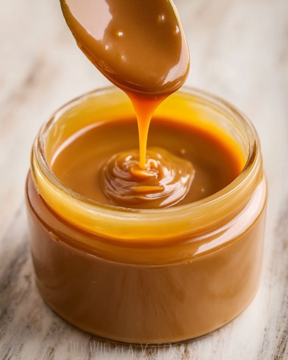 A clear glass bowl filled with smooth, glossy caramel sauce that is rich golden brown in color, with a wooden spoon dipped inside creating a small swirl in the caramel near the middle. The bowl sits on a white marbled surface, and a woman's hand holds the wooden spoon from the side. A folded black and white patterned cloth is partially visible in the bottom left corner. photo taken with an iphone --ar 4:5 --v 7