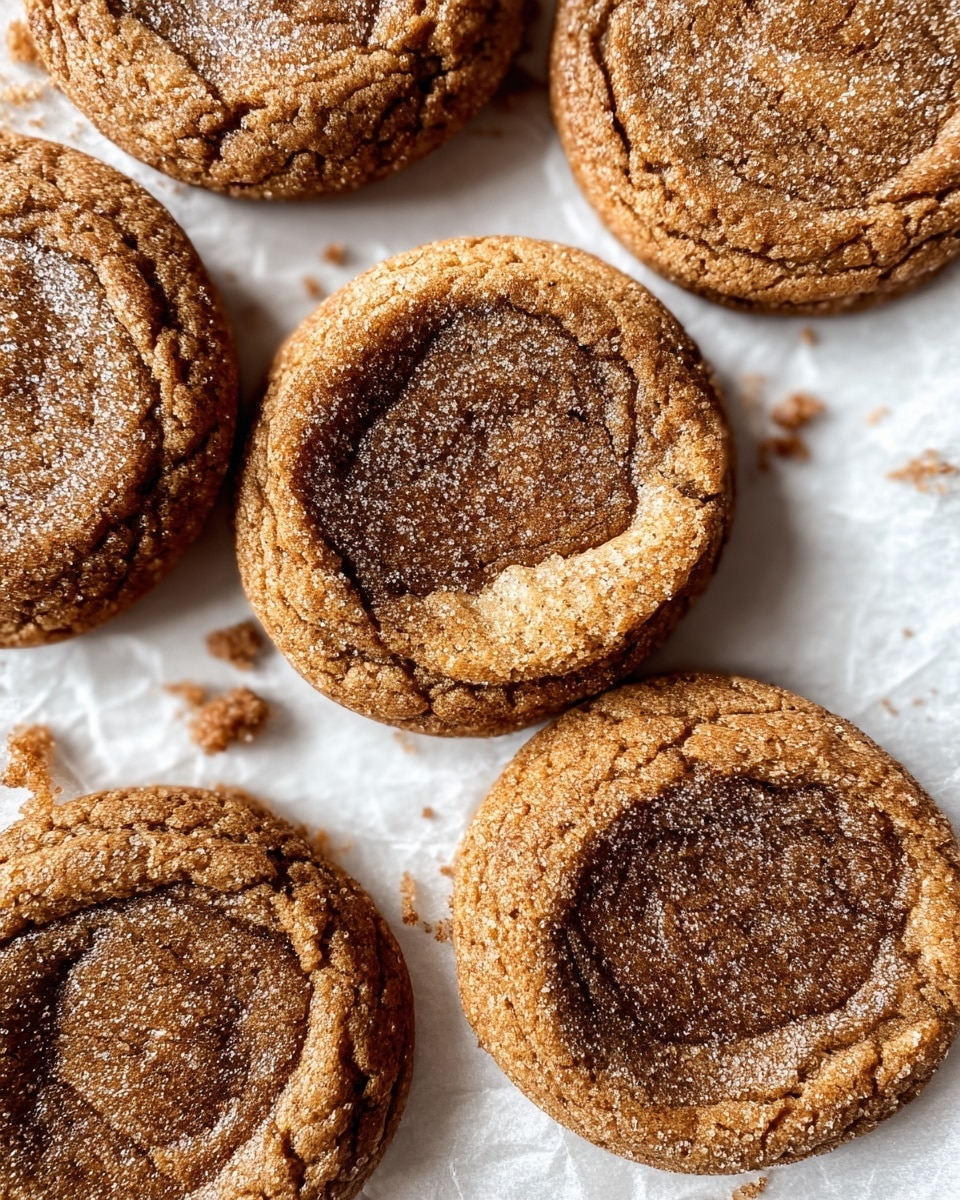 The image shows five round cookies placed on a white marbled textured surface. Each cookie has a golden brown outer ring with a slightly cracked texture, and a smoother, lighter brown center that looks soft and chewy. The edges of the cookies are thicker and darker, creating a clear two-tone circle pattern on each cookie. The cookies are evenly baked with visible fine cracks on the surface that enhance their homemade look. Photo taken with an iphone --ar 4:5 --v 7