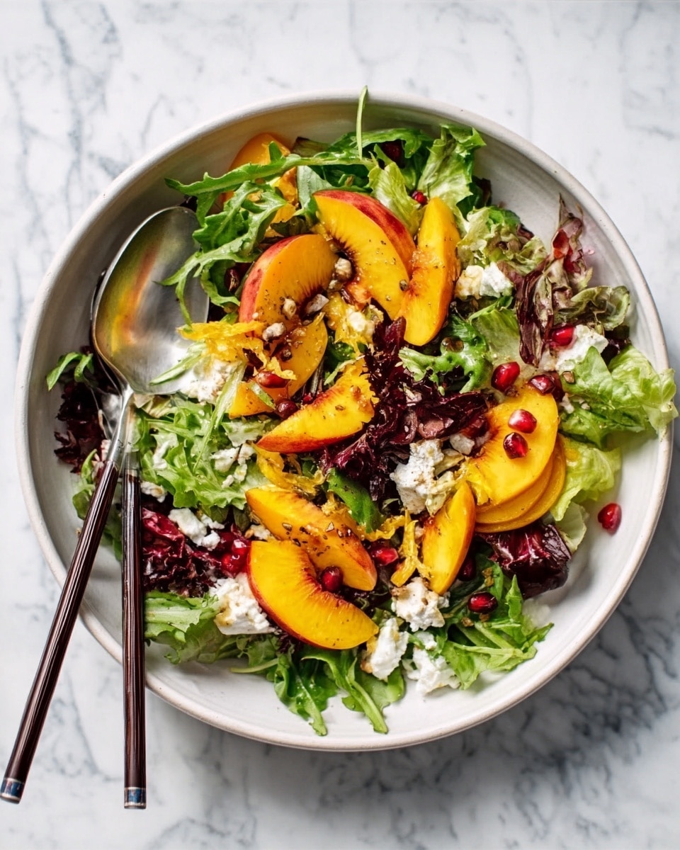 A white bowl filled with a fresh salad sits on a white marbled surface. The salad has a base layer of green lettuce and mixed leaves with a mix of yellow-orange peach slices spread evenly on top. There are also bits of creamy white cheese scattered around, along with some dark red pomegranate seeds. Thin, dark chopsticks are placed inside the bowl on the left side, with a silver spoon next to them. The colors of the salad are bright and look fresh, showing different textures like soft cheese, juicy fruit, and crisp greens. Photo taken with an iphone --ar 4:5 --v 7