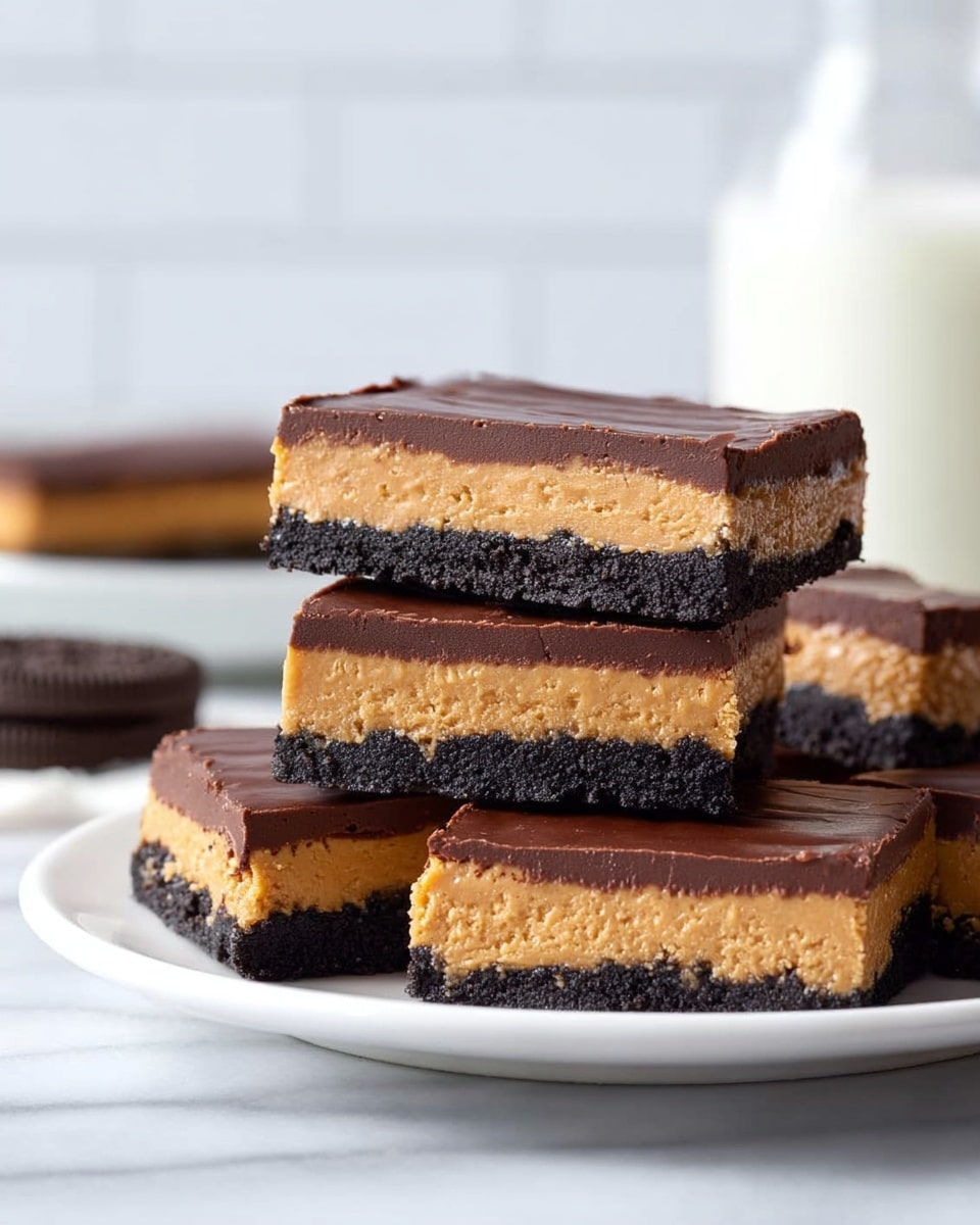 The image shows five thick rectangular bars stacked on a white plate, each bar having three clear layers. The bottom layer is a dark black crumbly crust, smooth and firm. The middle layer is a thick, dense peanut butter filling in a warm tan color with a creamy texture. The top layer is a thin, glossy dark brown chocolate covering, smooth and even. The plate sits on a white marbled surface with an Oreo cookie placed nearby and a blurred glass of milk in the background. photo taken with an iphone --ar 4:5 --v 7