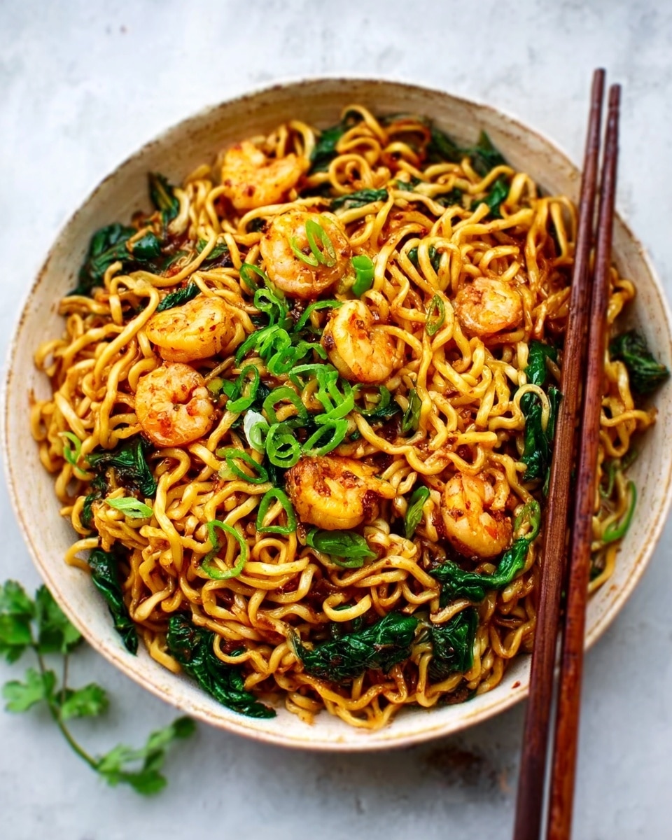A round white bowl is filled with cooked noodles that have a golden brown color and a slightly shiny texture from sauce. Mixed in the noodles are small pieces of cooked shrimp that are light pink with a slightly charred look, and green spinach leaves adding a fresh green color contrast. On top, there are chopped green herbs adding a bright touch. Two wooden chopsticks rest on the bowl’s edge. The bowl is placed on a white marbled surface. photo taken with an iphone --ar 4:5 --v 7