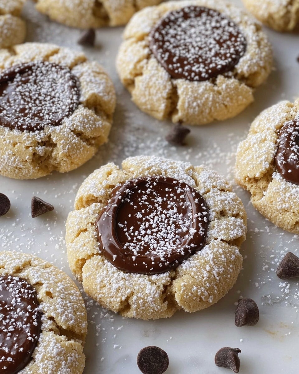 The image shows several cookies arranged closely on a white marbled surface. Each cookie has two layers: a rough, cracked light golden dough base forming an uneven round shape, and a smooth, thick, dark chocolate center filling the middle. The cookies are dusted with a light sprinkle of white powdered sugar, which is also scattered on the surface around them. Small dark chocolate chips are placed randomly around the cookies, adding extra texture and contrast. The scene is bright and clear, giving a fresh, homemade look. photo taken with an iphone --ar 4:5 --v 7
