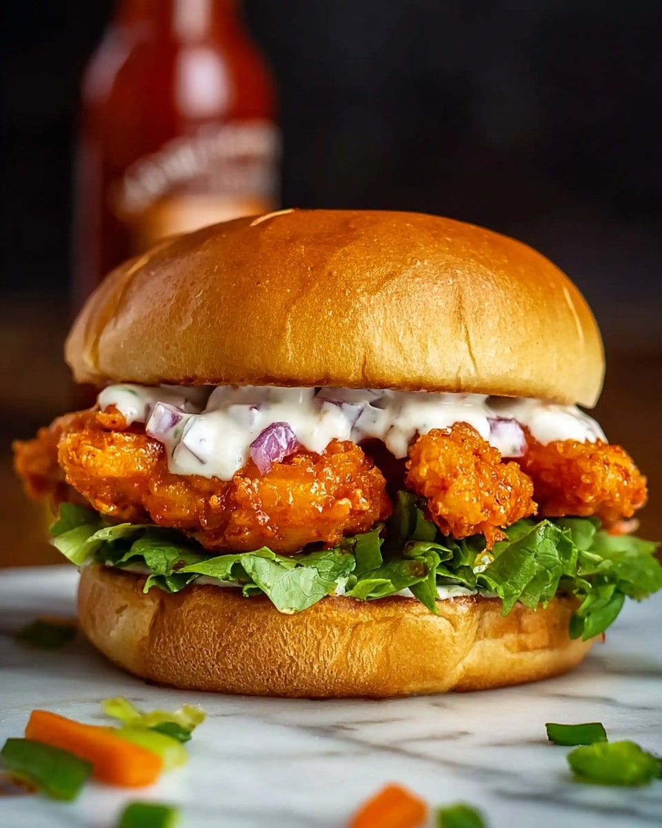 A close-up image of a crispy fried buffalo chicken sandwich on a soft, shiny golden brown brioche bun. The bottom bun holds a layer of fresh, bright green lettuce, topped with a thick, crispy fried chicken piece coated in a textured, crunchy orange buffalo sauce. On top of the chicken is a generous layer of creamy white ranch dressing with small green herb bits, all capped by the smooth, glossy top bun. The whole sandwich is placed on a white plate, resting on a white marbled surface with a blurred background of green leafy elements. Photo taken with an iphone --ar 4:5 --v 7