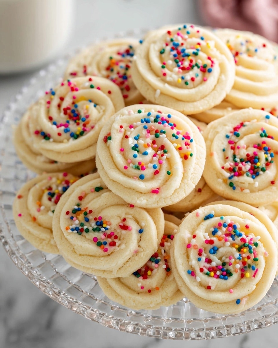 A plate full of light beige, swirled butter cookies with a soft, crumbly texture, each topped with small, colorful round sprinkles in bright pink, red, green, blue, purple, orange, and white. The cookies are arranged in a close cluster on a clear, carved glass plate resting on a white marbled surface with a faint pattern of gray stripes blurred in the background. The swirl pattern on each cookie shows ridges and valleys, creating a floral-like shape. Photo taken with an iphone --ar 4:5 --v 7