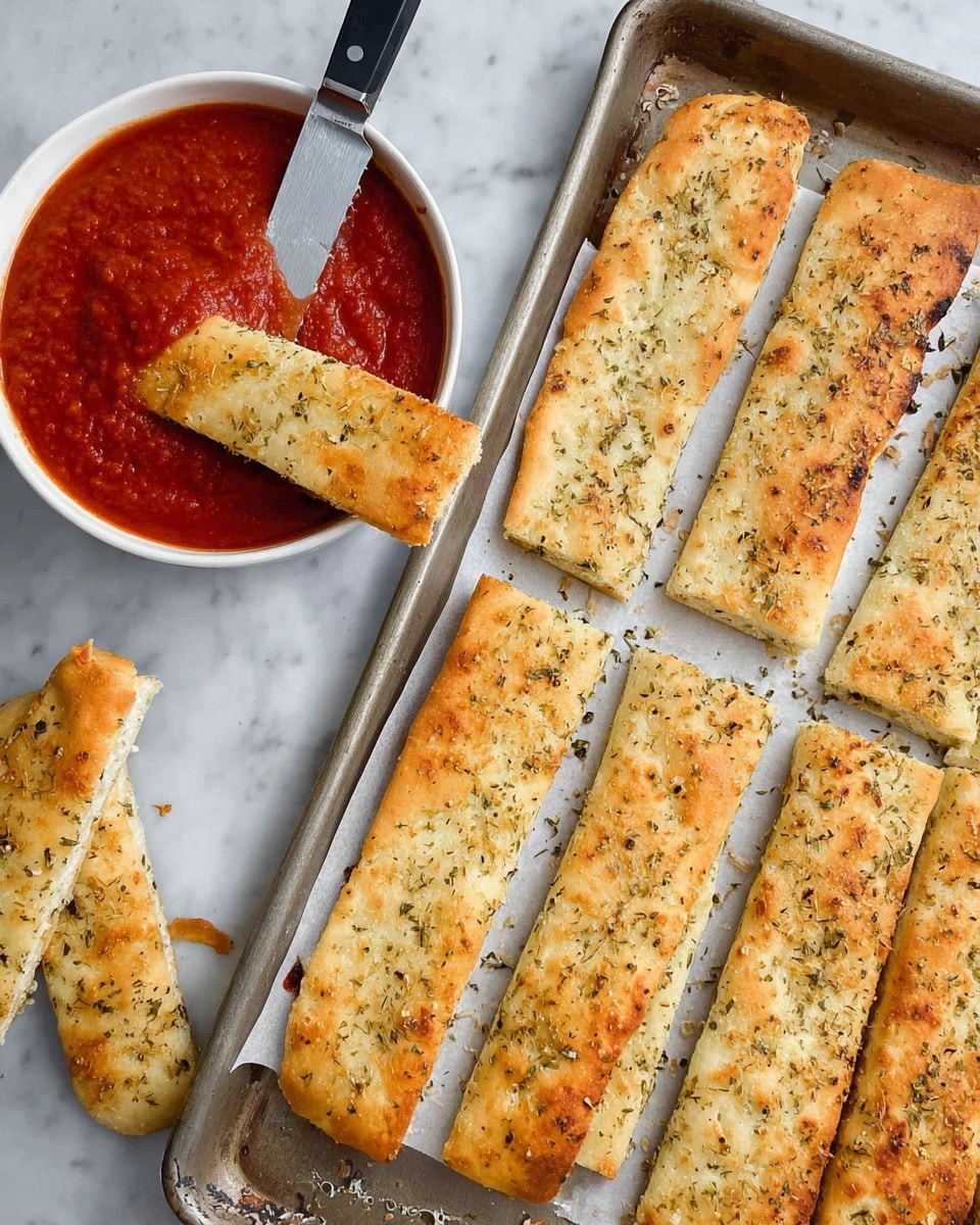 A baking tray holds a large, golden brown focaccia bread sliced into long, thin strips with a textured top sprinkled with herbs and coarse salt. One strip has been lifted by a woman's hand and dipped into a small white bowl filled with thick, red marinara sauce. The bread’s crust looks crispy and rough, while the inside appears soft and fluffy. Several other bread strips are scattered on a white marbled surface around the tray, showing their lightly browned sides. A large knife with a black handle rests on the tray beside the bread, hinting at fresh slices. Photo taken with an iphone --ar 4:5 --v 7